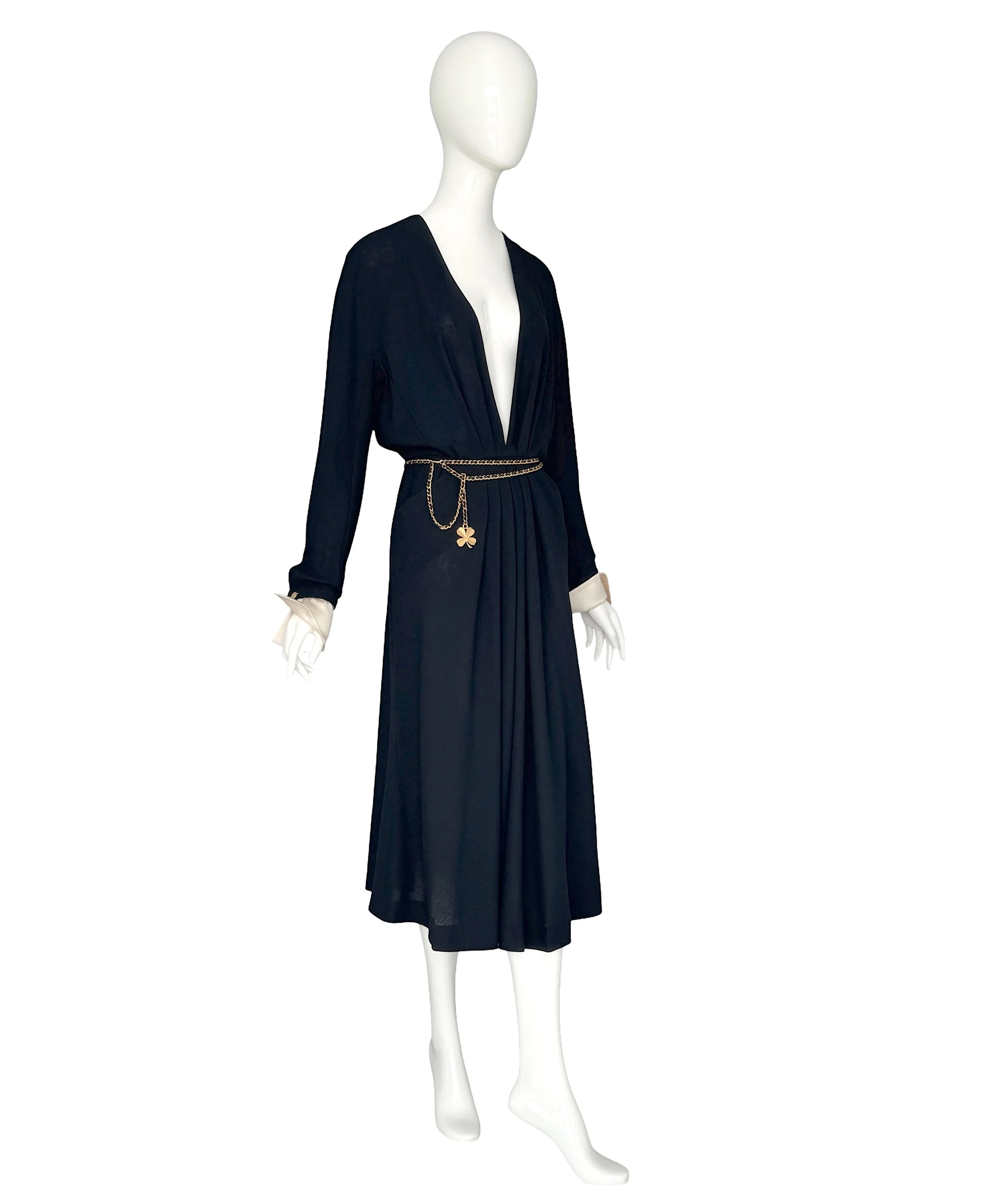Vintage 1980s Chanel by Karl Lagerfeld Black Deep V-Neck Pleated Crepe Dress.jpg