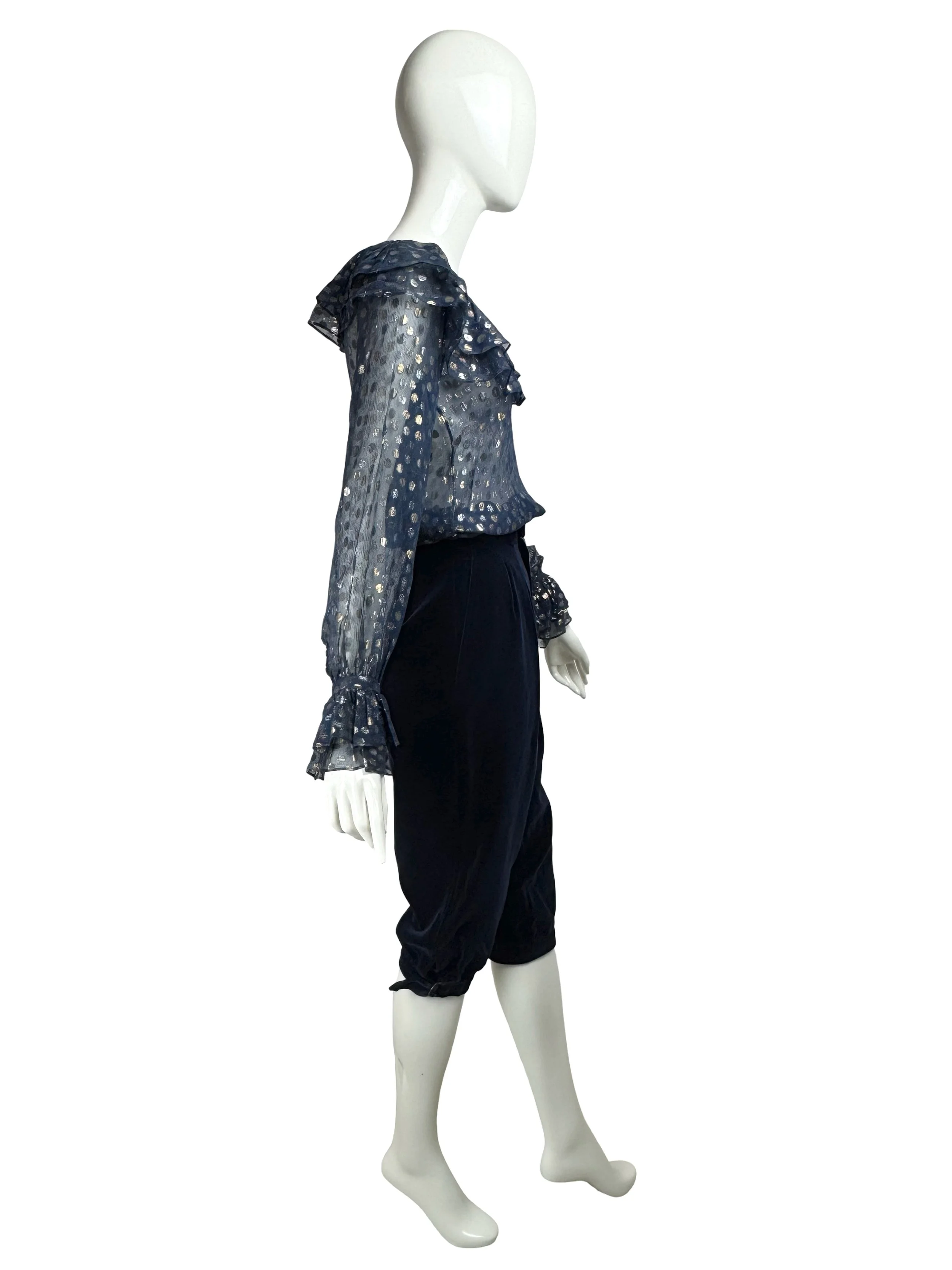 Yves Saint Laurent "rive gauche" vintage silk gold silver lurex dots blouse & blue velvet pants.jpg