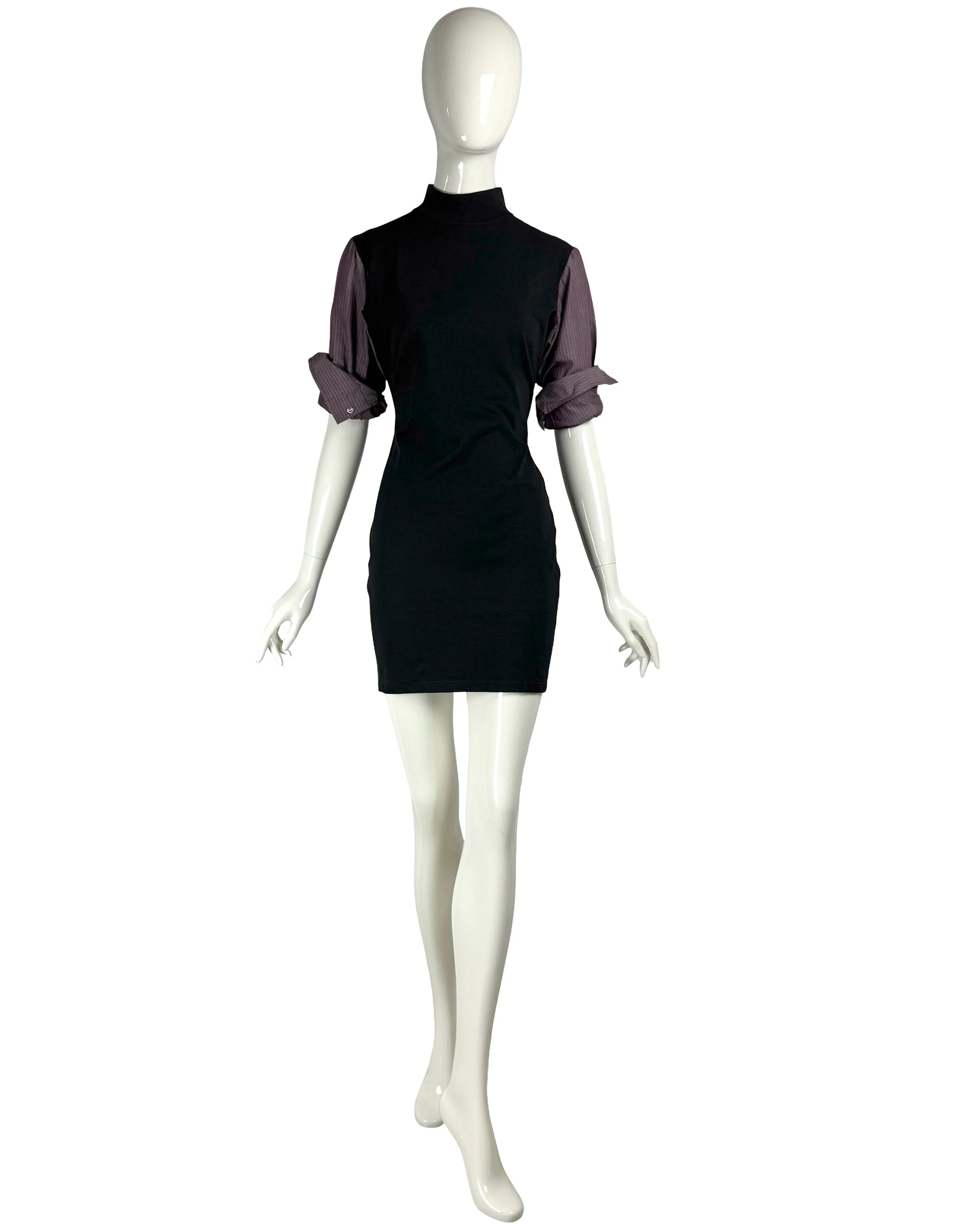 Jean Paul Gaultier Junior Vintage Pin Striped Shirt Sleeves Jersey Stretch Black Dress.jpg