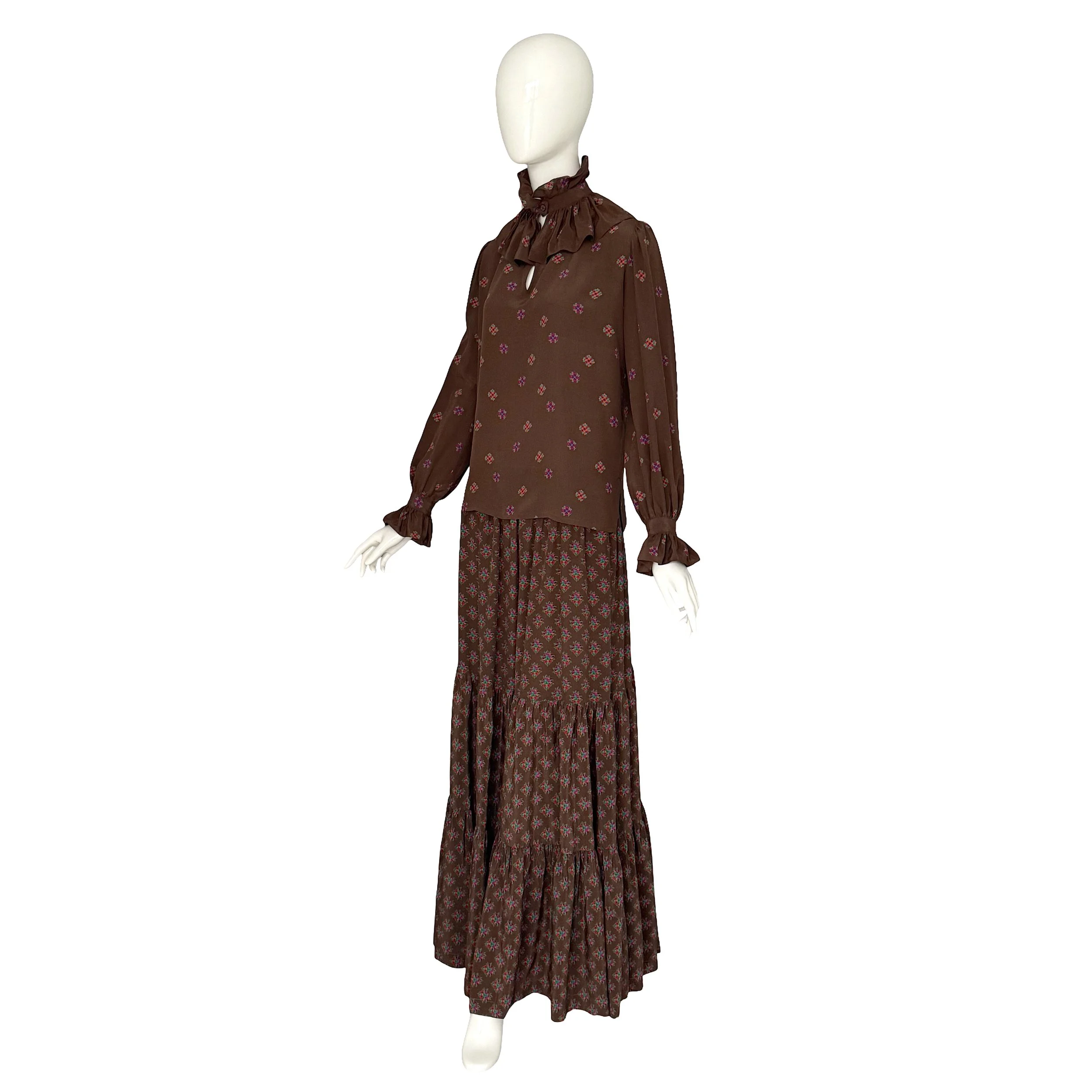 Yves Saint Laurent "rive gauche" Fall Winter 1977 Runway Brown Silk Crepe Floral Set.jpg