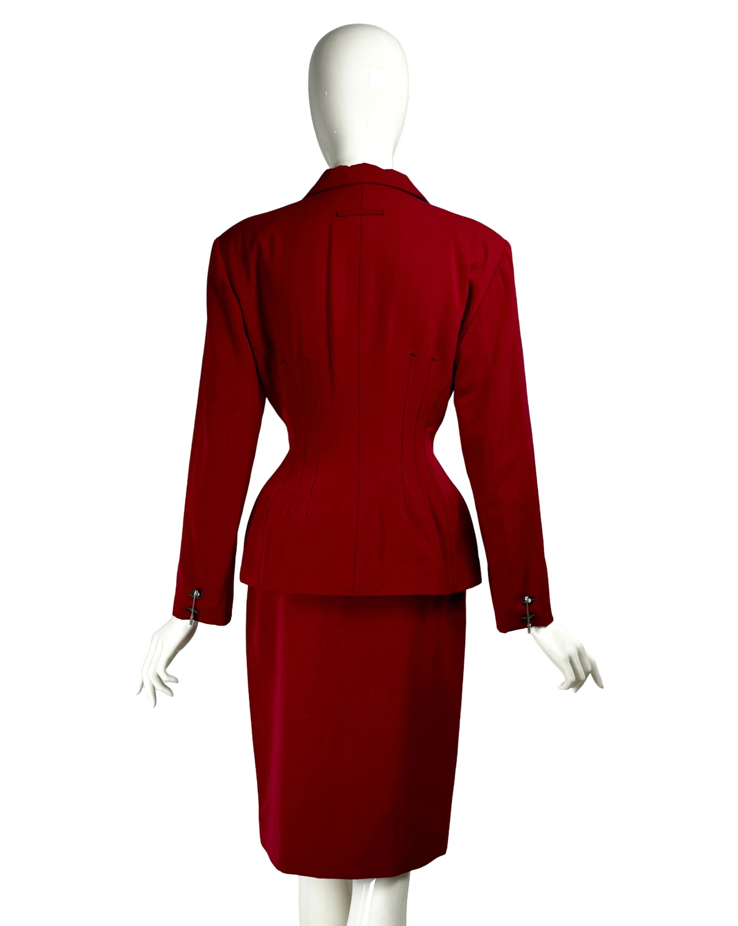 Jean Paul Gaultier Gibo Vintage 80s Red Wool Safety Pin Jacket & Skirt Suit.jpg