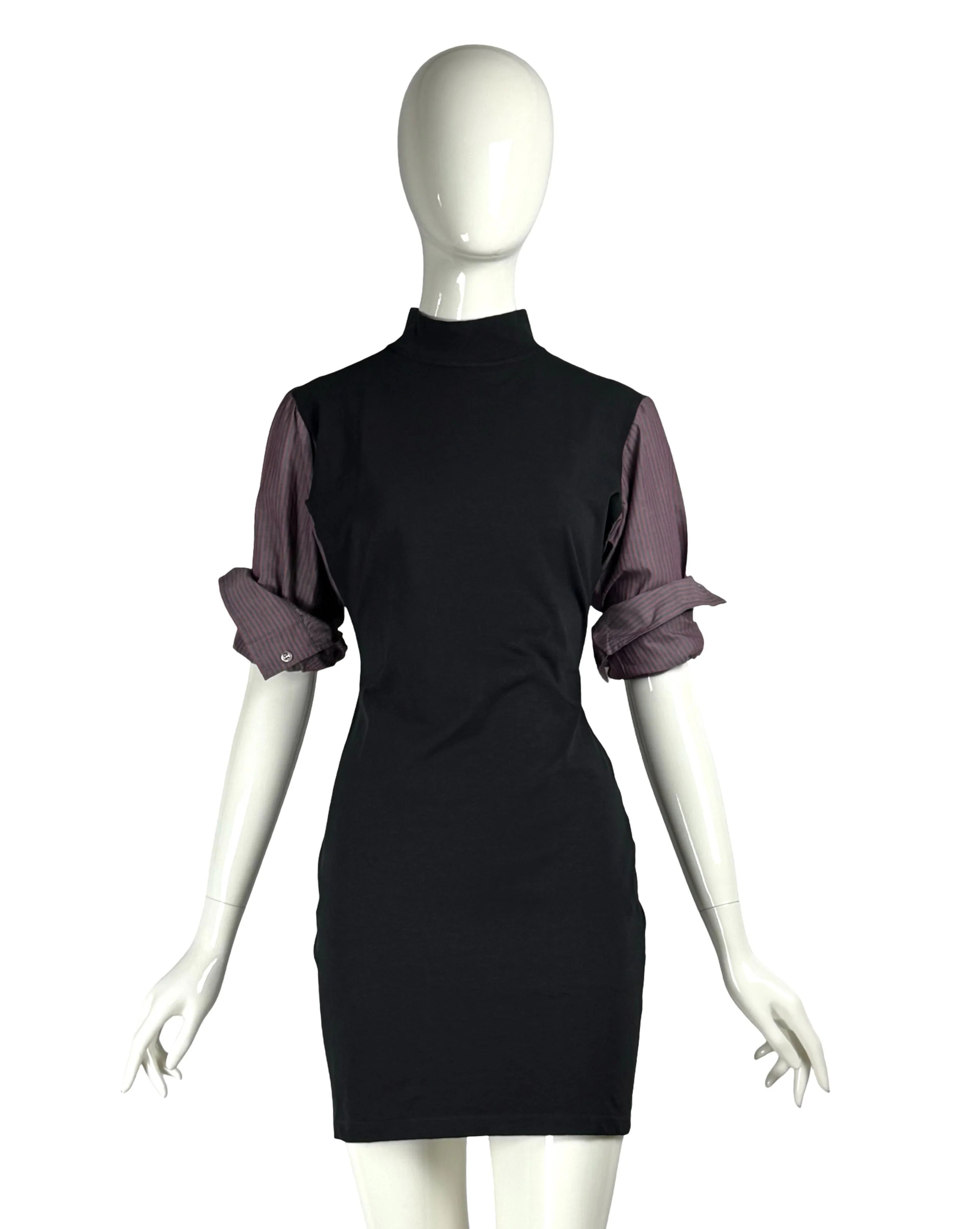 Jean Paul Gaultier Junior Vintage Pin Striped Shirt Sleeves Jersey Stretch Black Dress.jpg