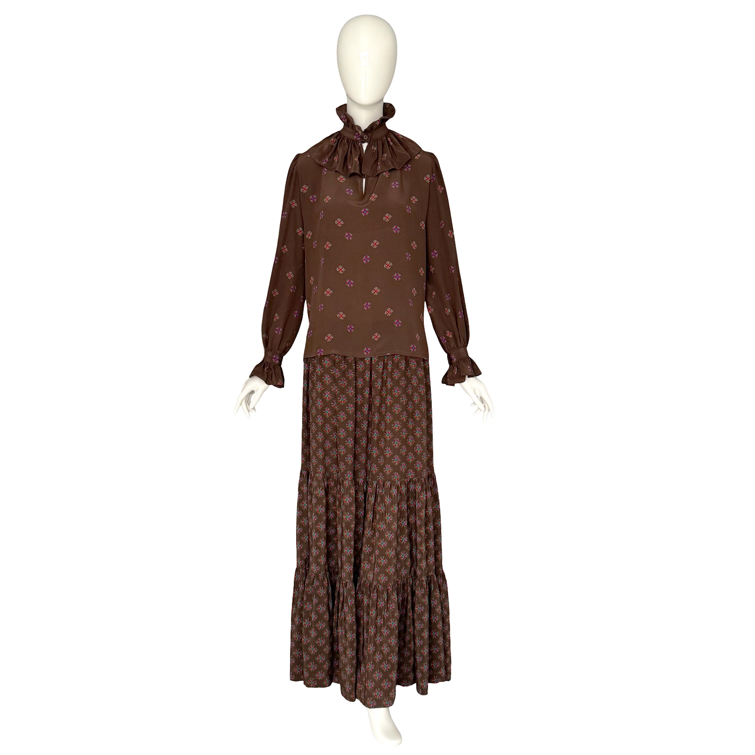 Yves Saint Laurent "rive gauche" Fall Winter 1977 Runway Brown Silk Crepe Floral Setjpg