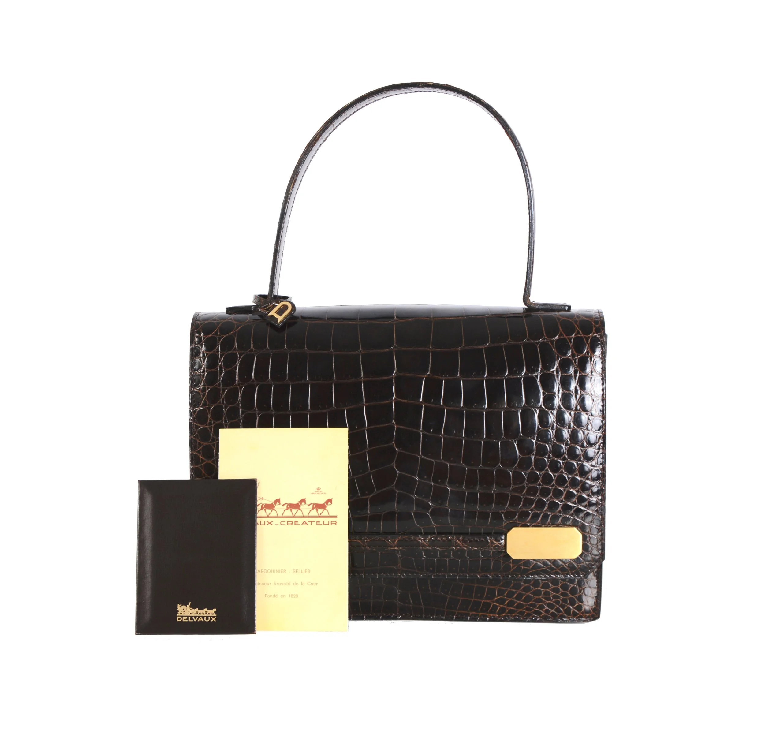 Delvaux 1980s Vintage Brown Crocodile Top Handle Bag.jpg
