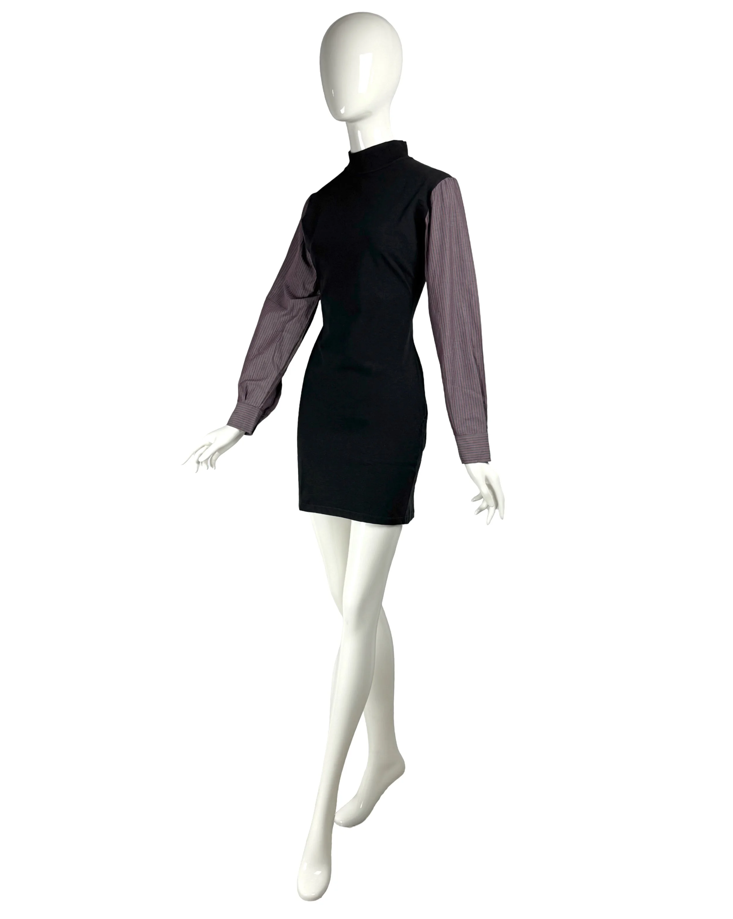 Jean Paul Gaultier Junior Vintage Pin Striped Shirt Sleeves Jersey Stretch Black Dress.jpg