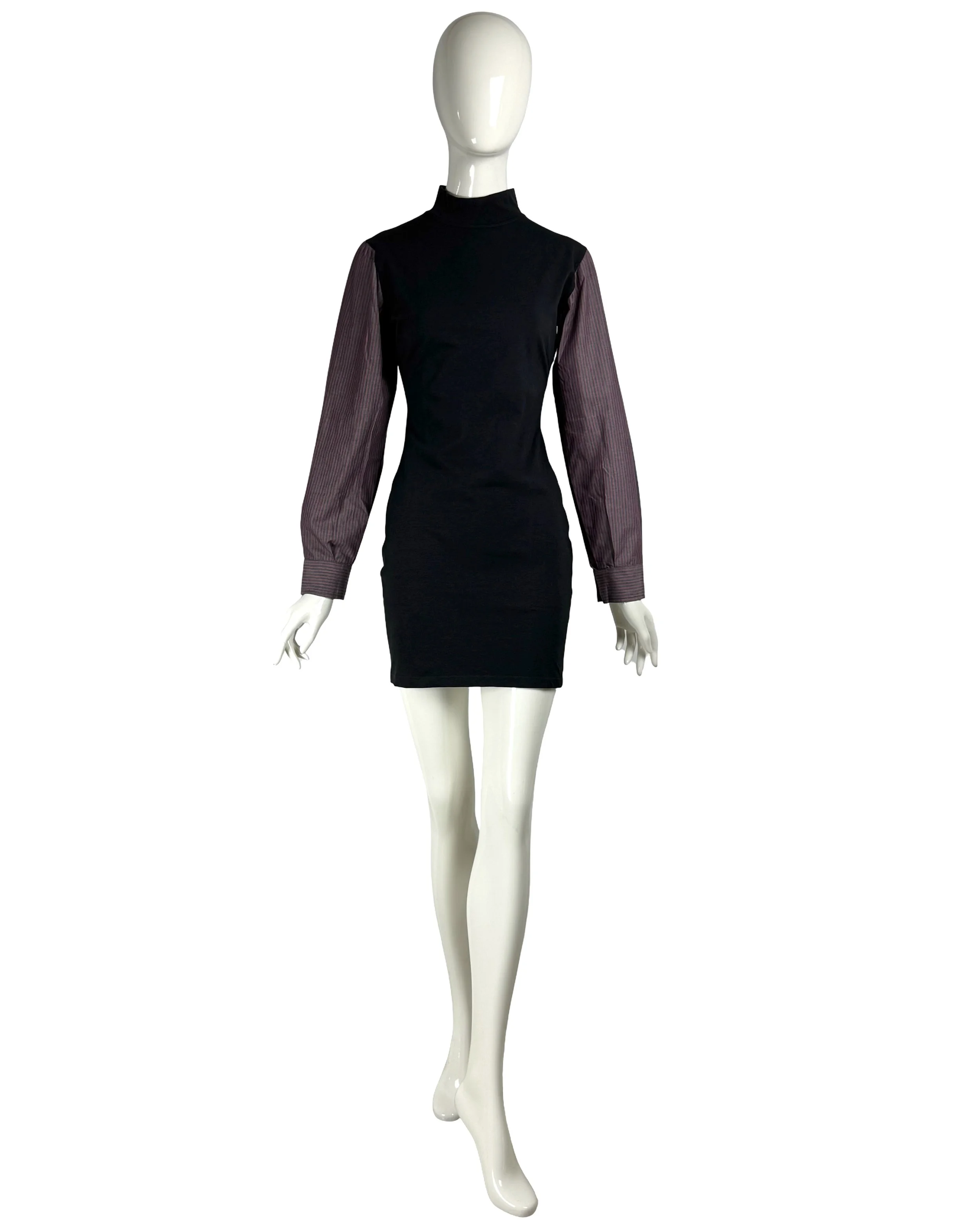 Jean Paul Gaultier Junior Vintage Pin Striped Shirt Sleeves Jersey Stretch Black Dress.jpg