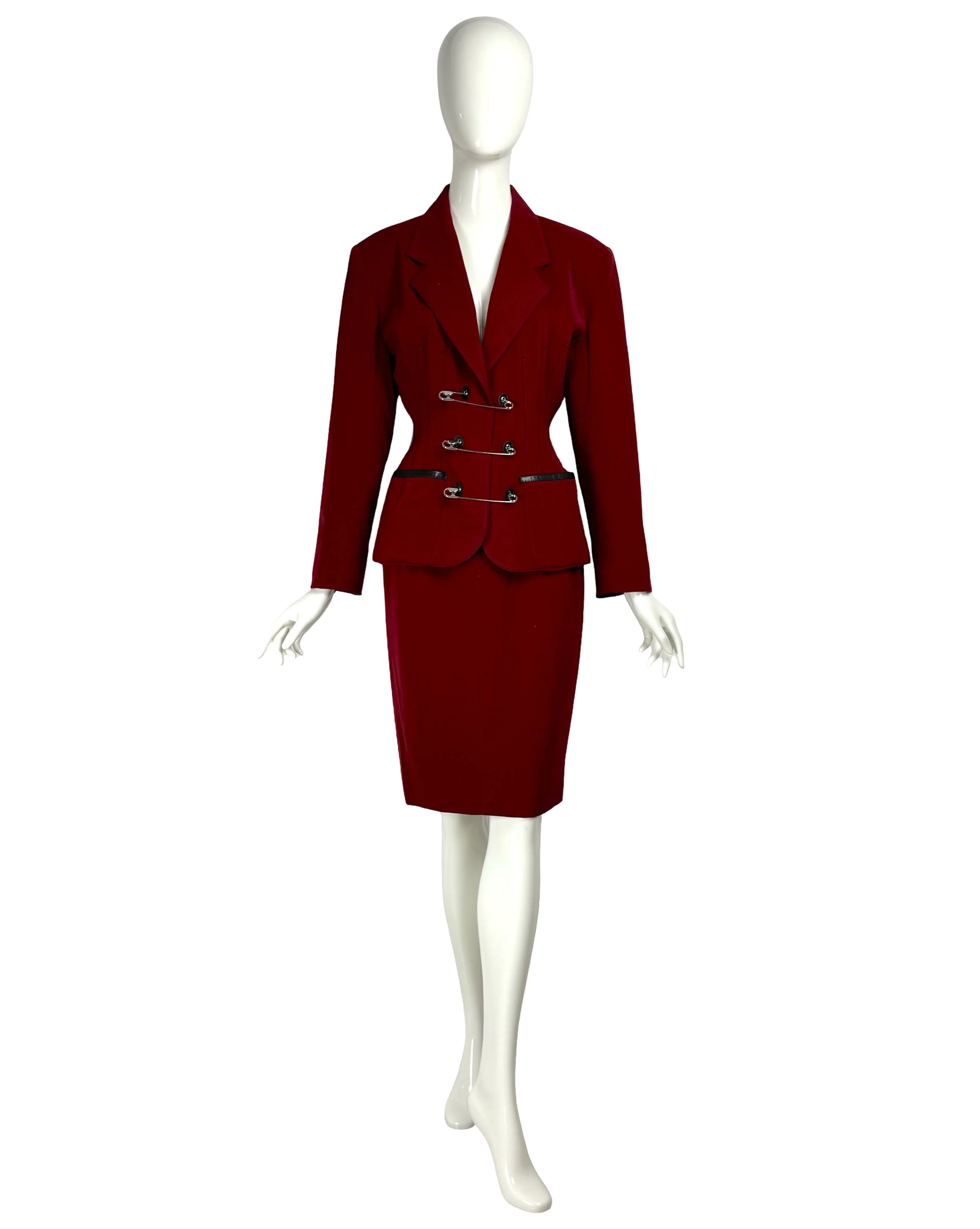 Jean Paul Gaultier Gibo Vintage 80s Red Wool Safety Pin Jacket & Skirt Suit.jpg
