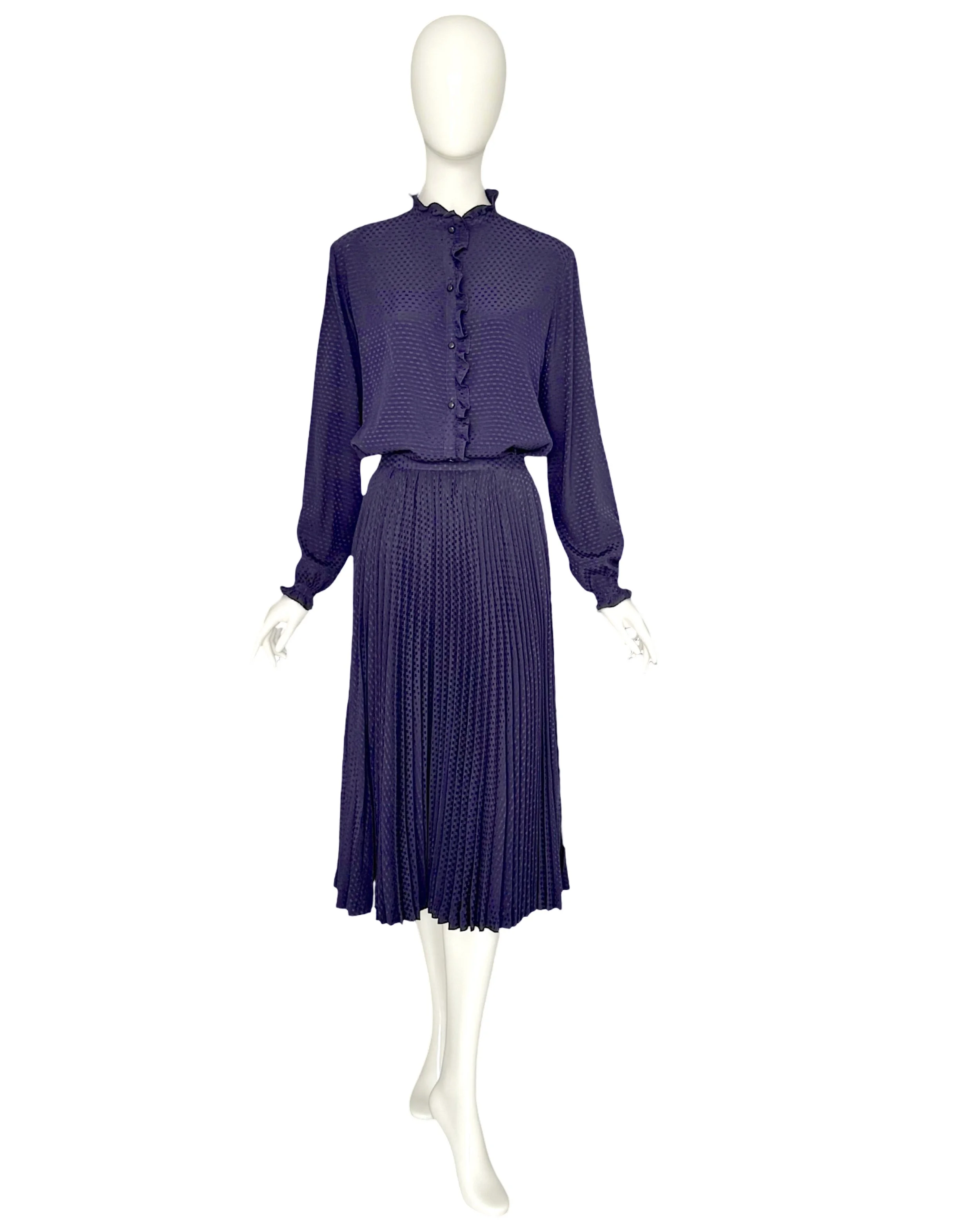 Salvatore Ferragamo Vintage 1970s Blue Silk Set Pleated Skirt & Ruffled Blouse