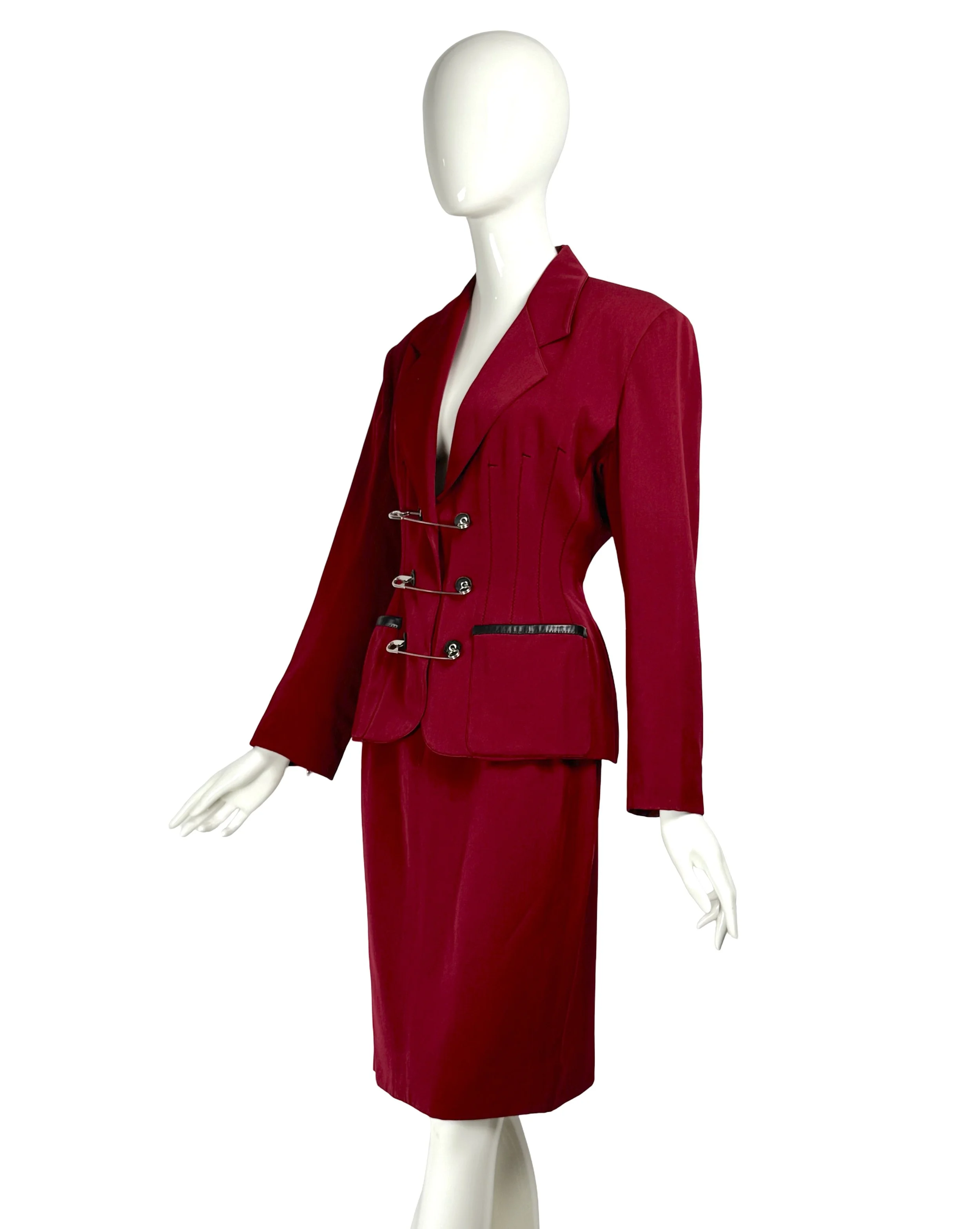 Jean Paul Gaultier Gibo Vintage 80s Red Wool Safety Pin Jacket & Skirt Suitjpg