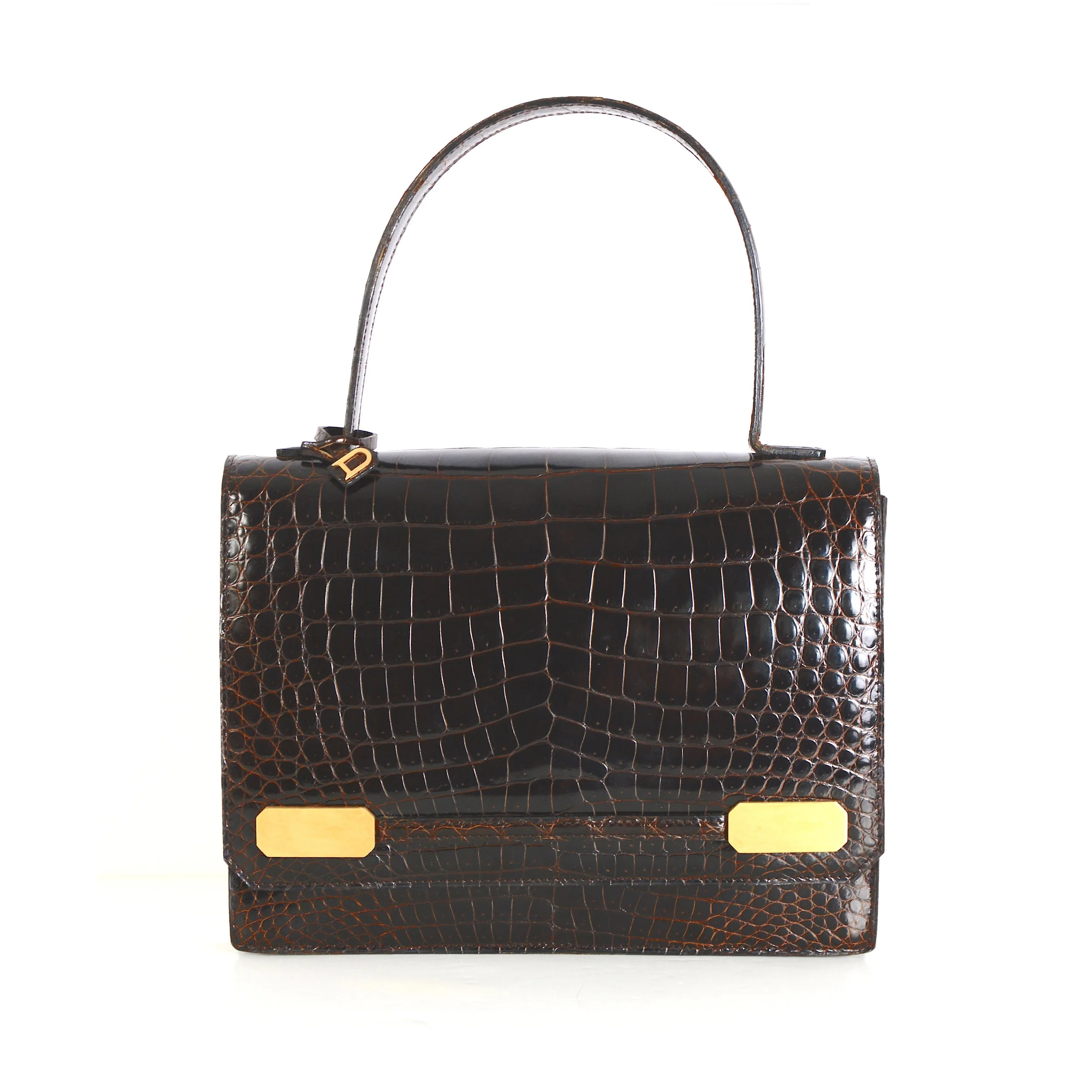 Delvaux 1980s Vintage Brown Crocodile Top Handle Bag.jpg