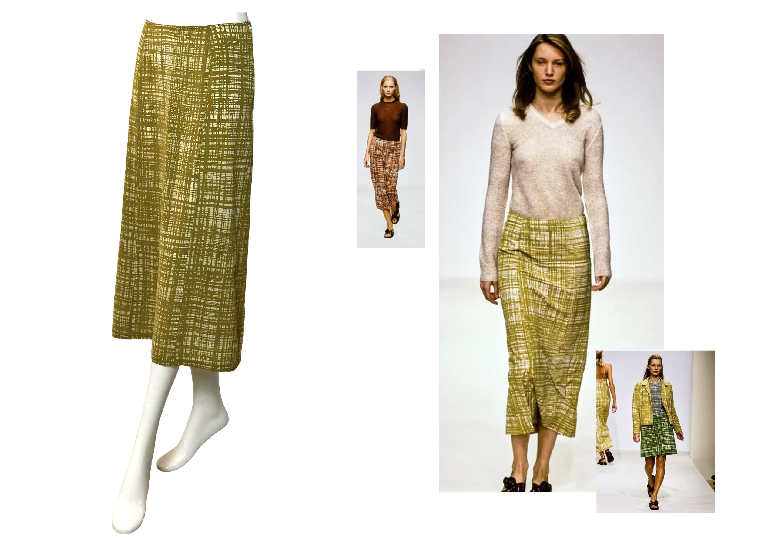 Prada Spring Summer 1996 Collection olive printed silk skirt at Verlaine Vintage