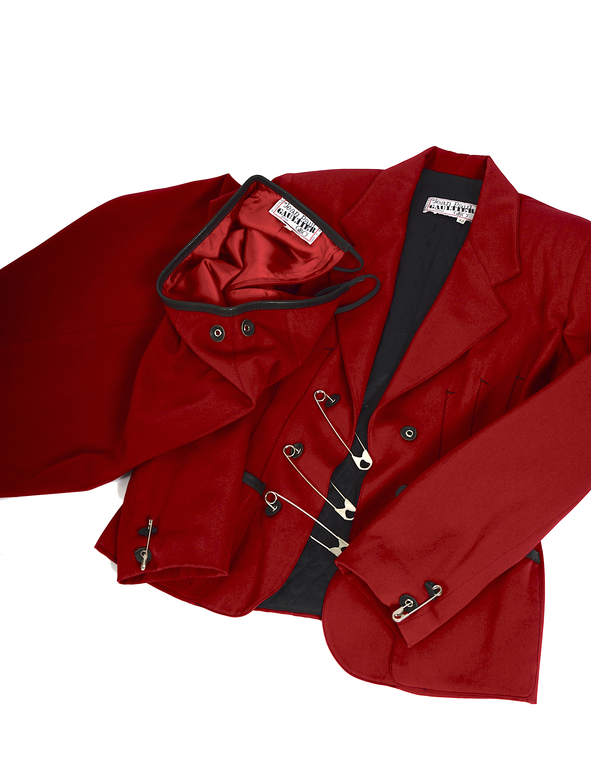 Jean Paul Gaultier Gibo Vintage 80s Red Wool Safety Pin Jacket & Skirt Suit.png