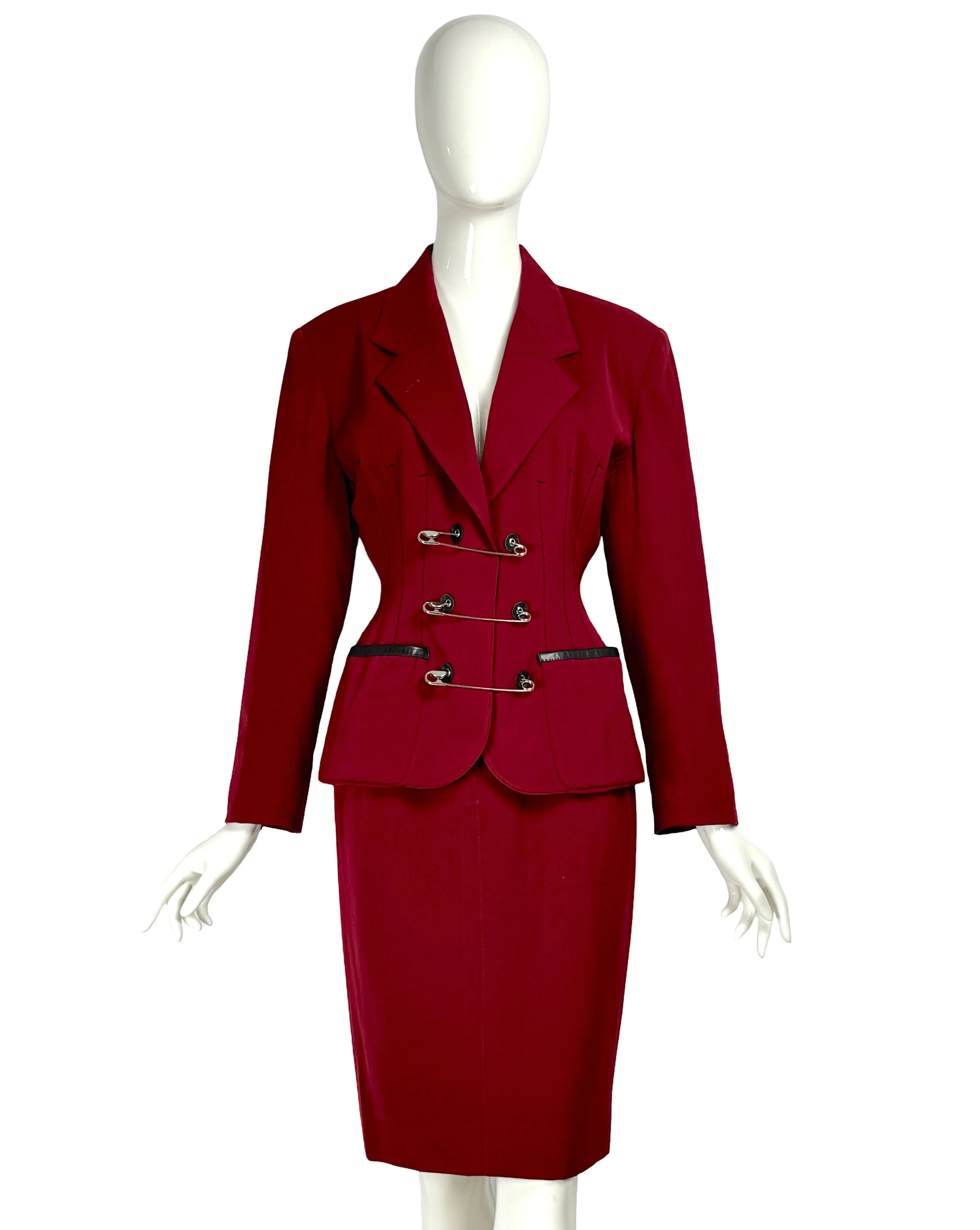 Jean Paul Gaultier Gibo Vintage 80s Red Wool Safety Pin Jacket & Skirt Suitjpg