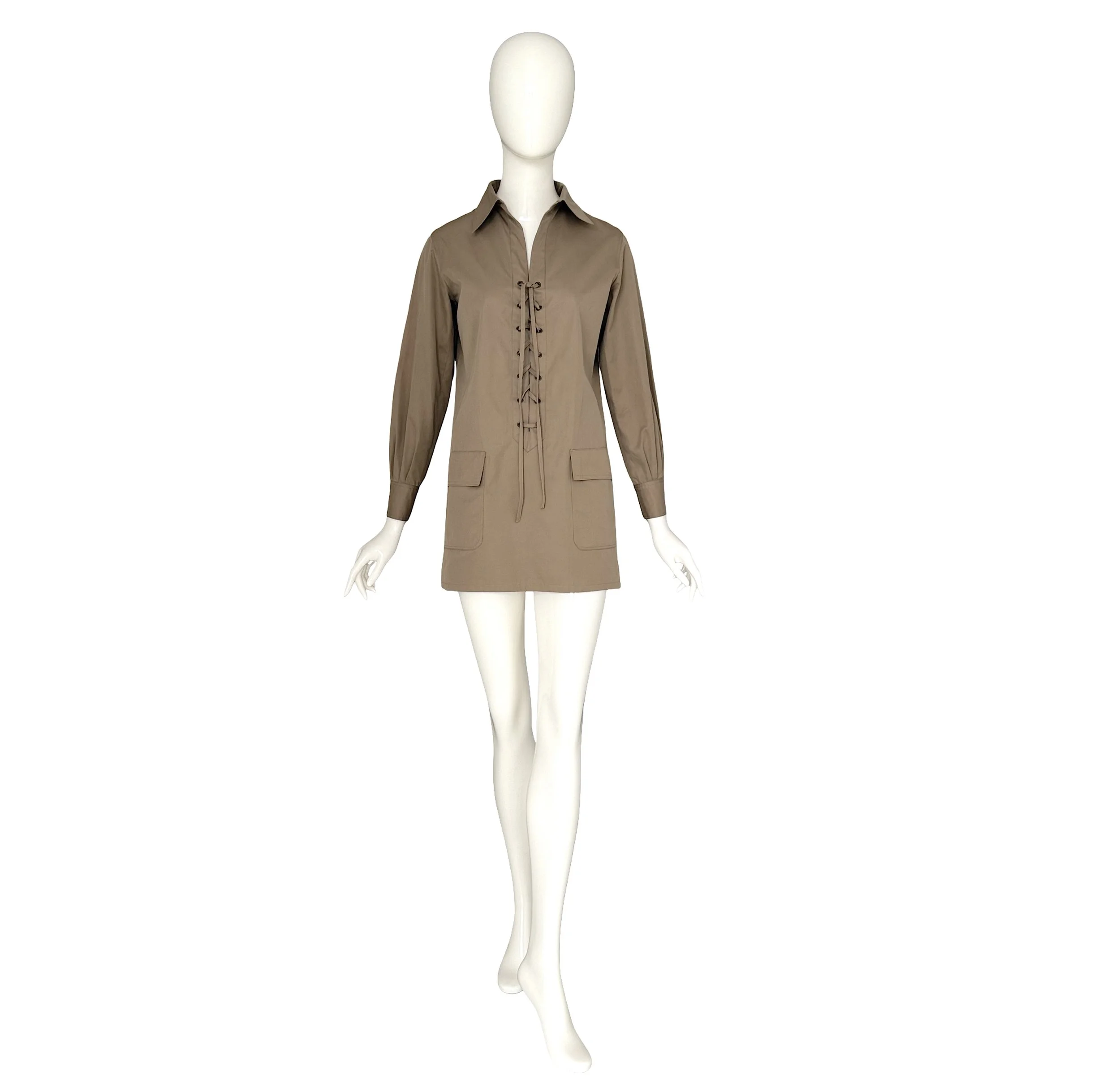 Yves Saint Laurent "Rive Gauche" Spring Summer 1968 Iconic Khaki Cotton Lace-Up Safari Mini Dress