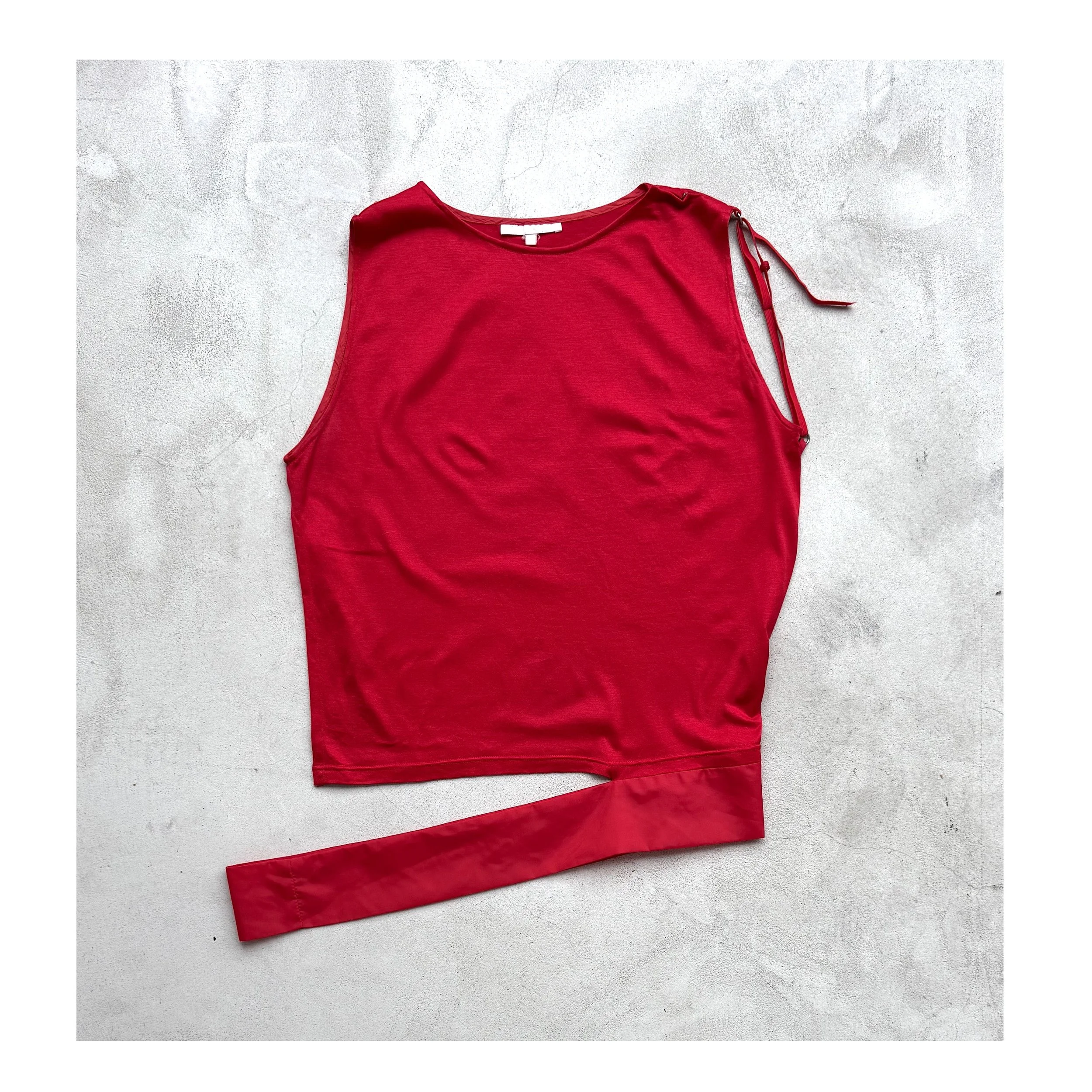 Helmut Lang Vintage Spring Summer 1997 Documented Runway Red Cotton Belted Top.jpg