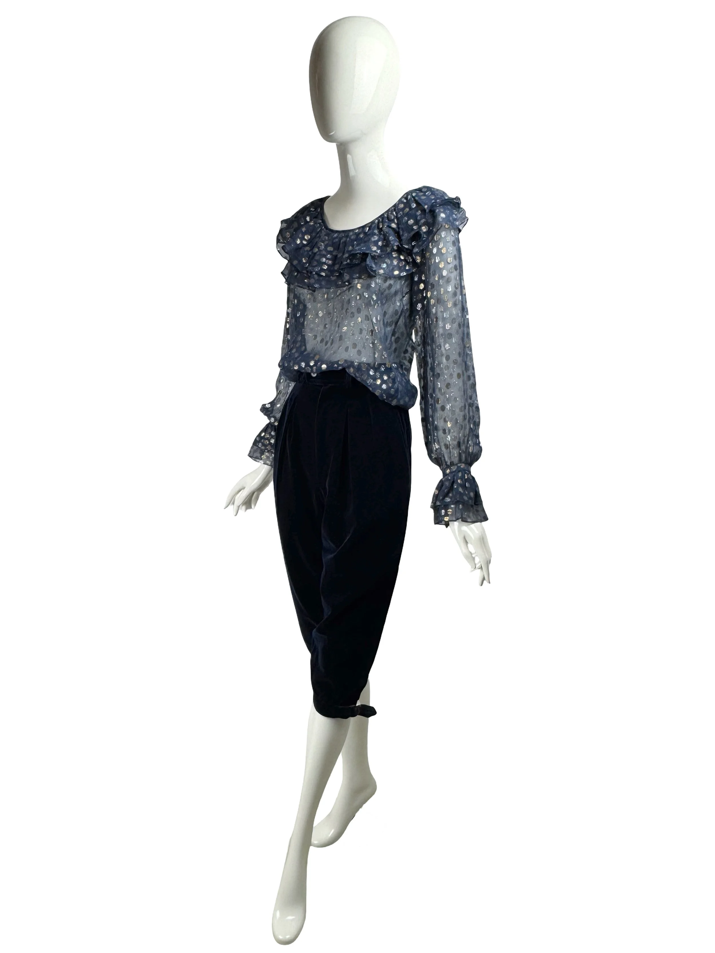 Yves Saint Laurent "rive gauche" vintage silk gold silver lurex dots blouse & blue velvet pants.jpg