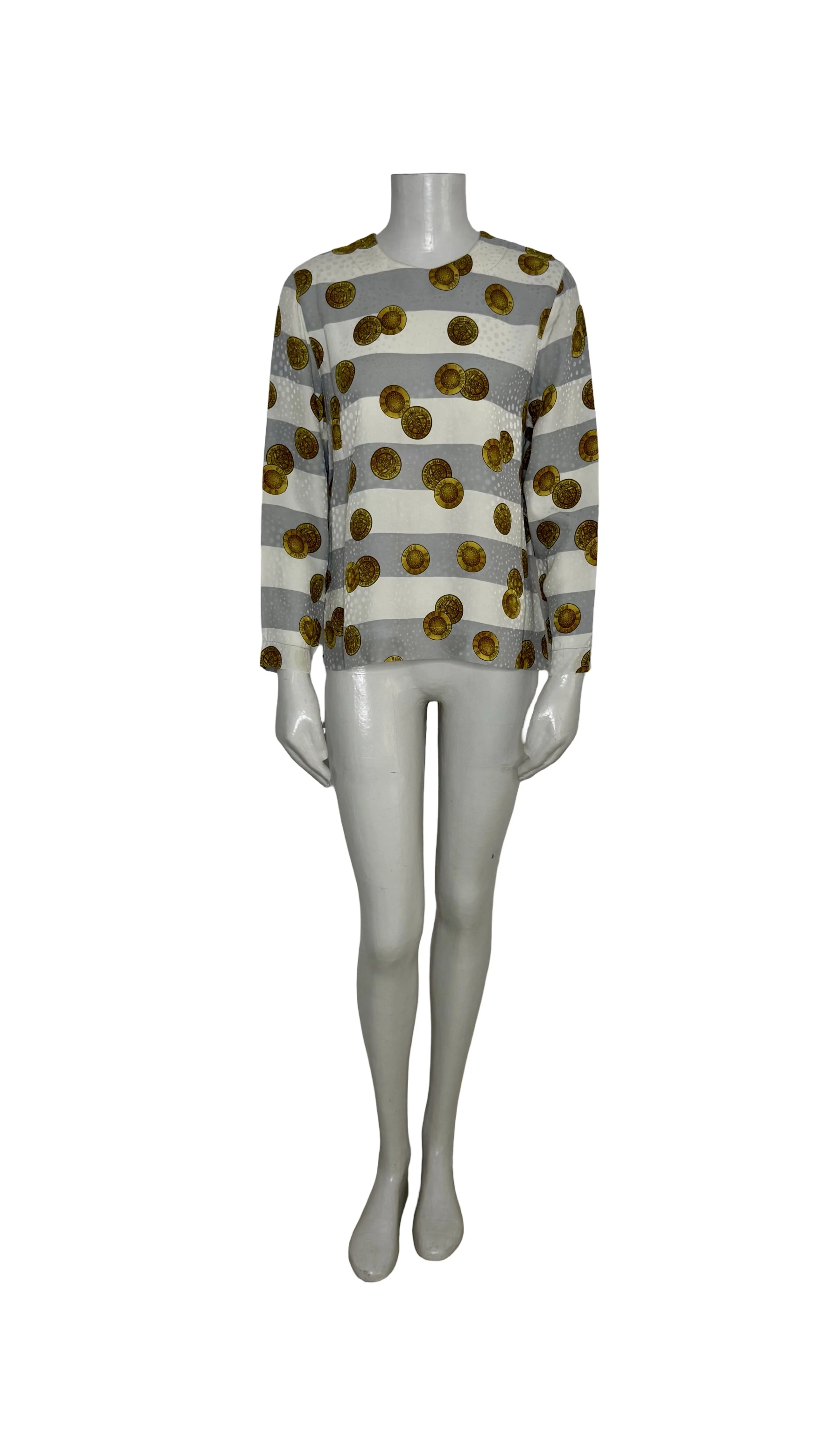 Vintage 1980s Céline Paris 100% silk blouse featuring print signed Céline Paris gold coin.jpeg
