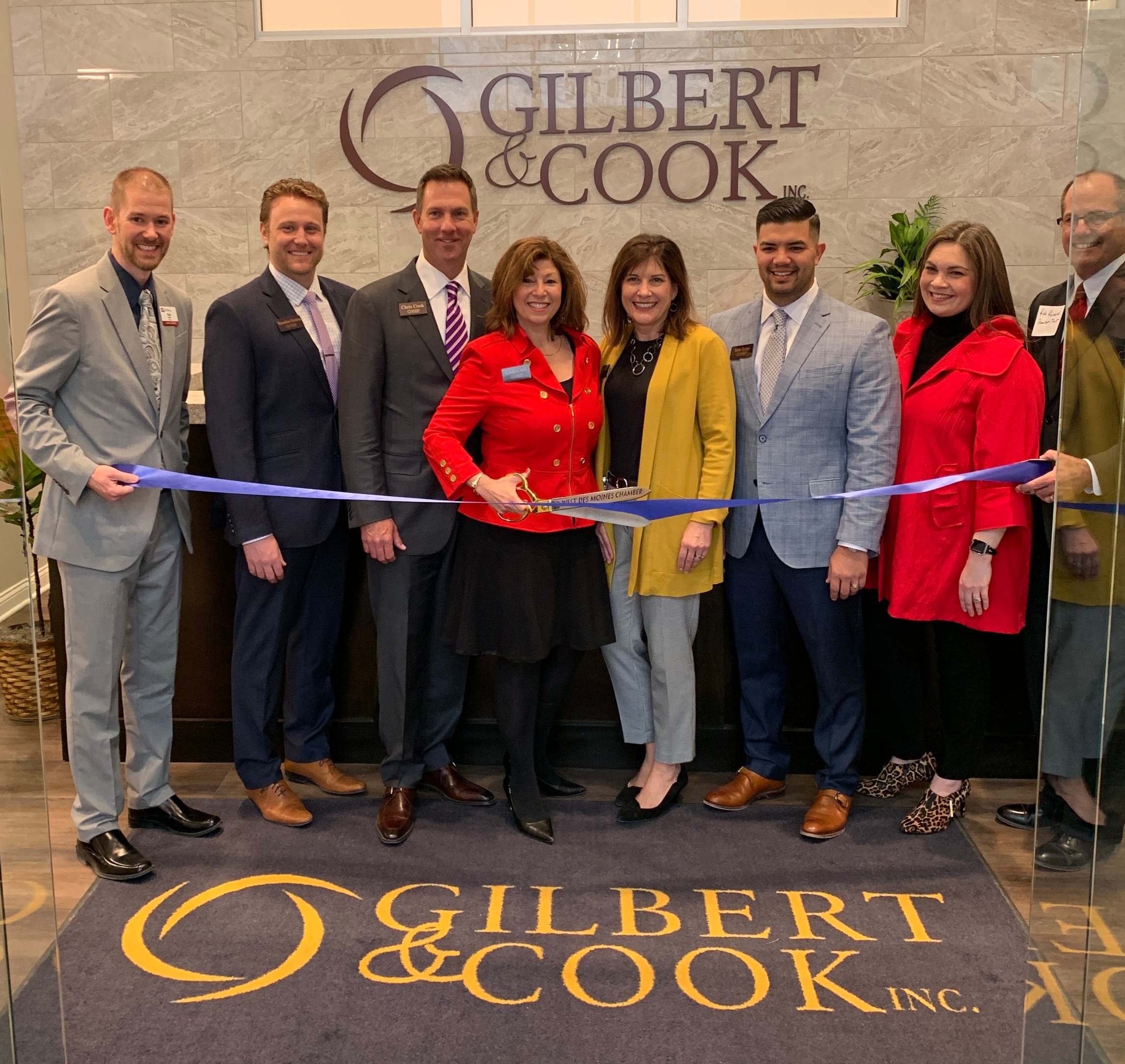 Ribbon Cutting Ceremony with the West Des Moines Chamber of Commerce. Gilbert & Cook Partners: Brandon Grimm, Chris Cook, Linda Cook, Marlis Gilbert, Jerit Tripp & Megan Rosenstiel