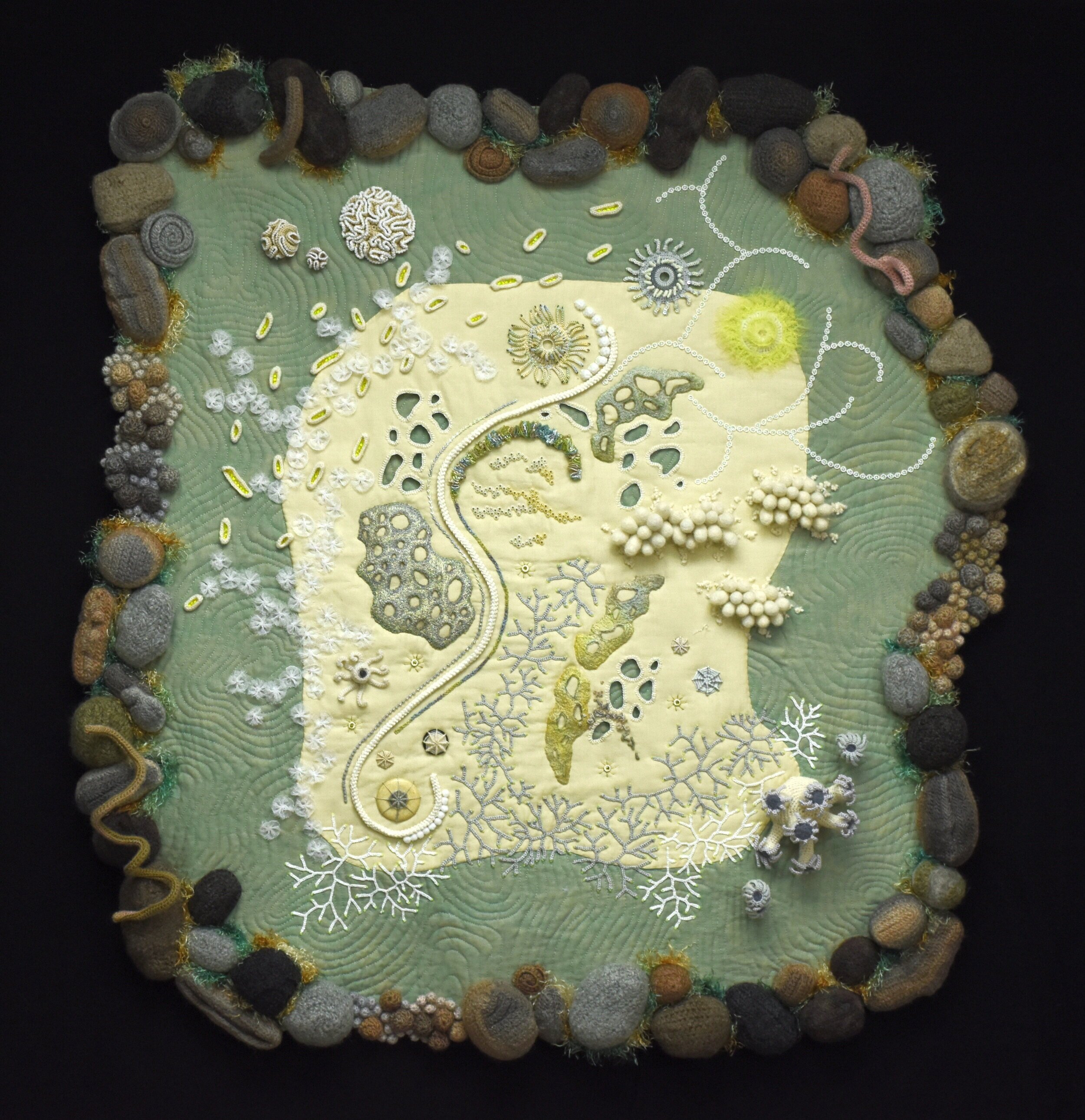  2019 Bleached Tidal Pool  Machine and Hand quilting, crochet, needle felting, beading, embroidery   