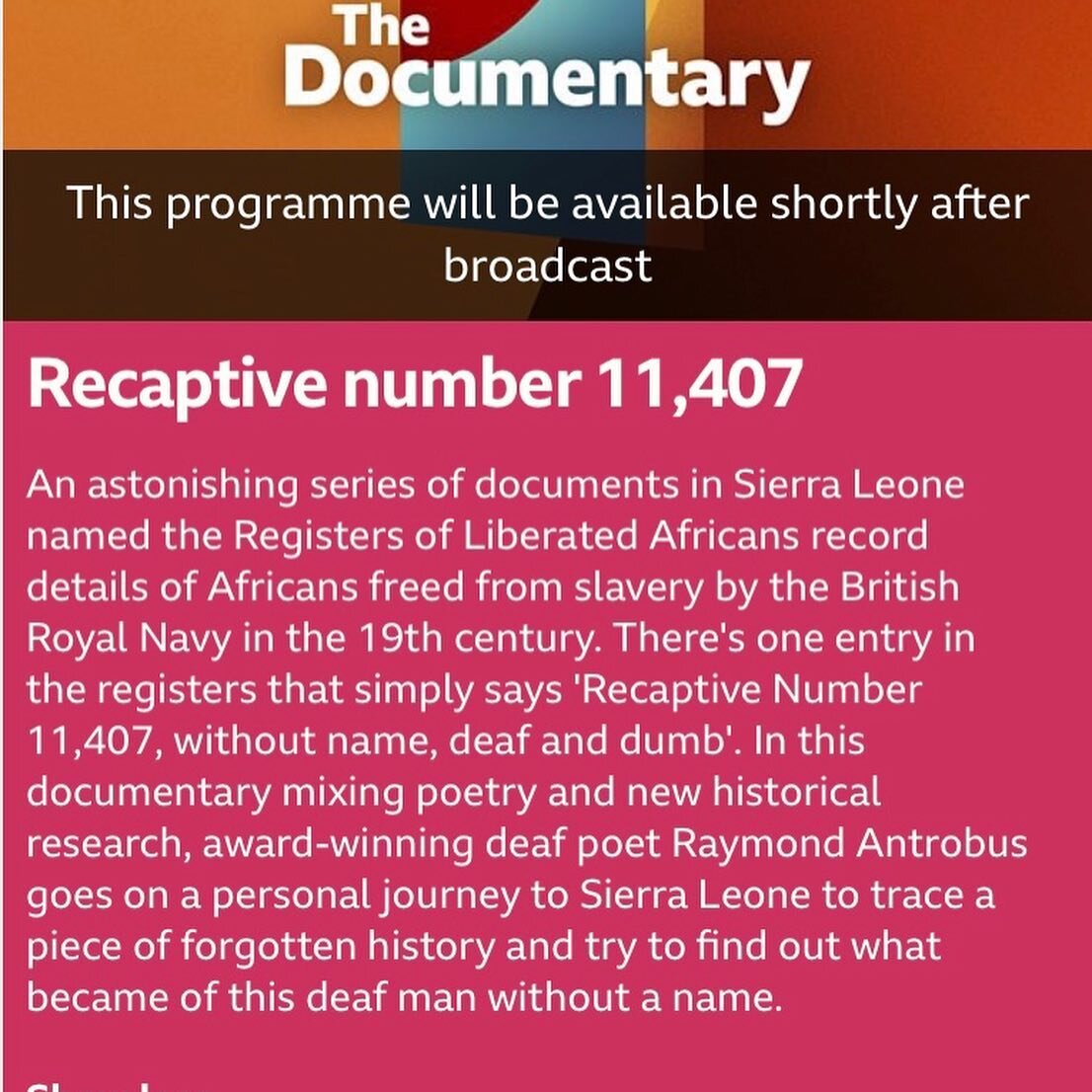 Looking forward to my upcoming BBC World service documentary, &lsquo;Recaptive Number 11,407&rdquo; being aired next week. It&rsquo;s already a Radio Times pick of the day. Tune in on Tuesday Oct 25th at 8pm or catch it on BBC Sounds. It comes with a