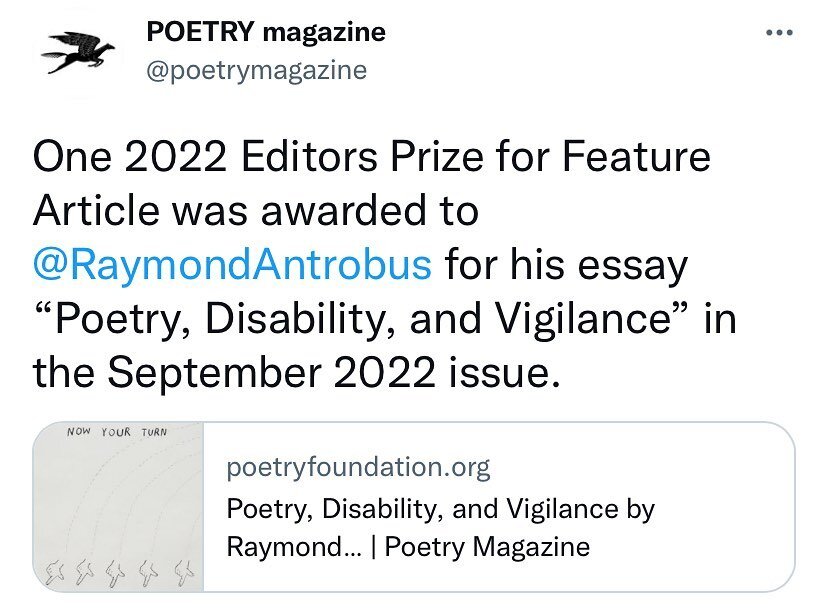 Proud to have been awarded one of the 2022 Editors Prize's for my @zoeglossia keynote speech/essay, 'Poetry, Disability, and Vigilance' by Poetry Magazine (@poetryfoundation) I give thanks to the editors and judges.