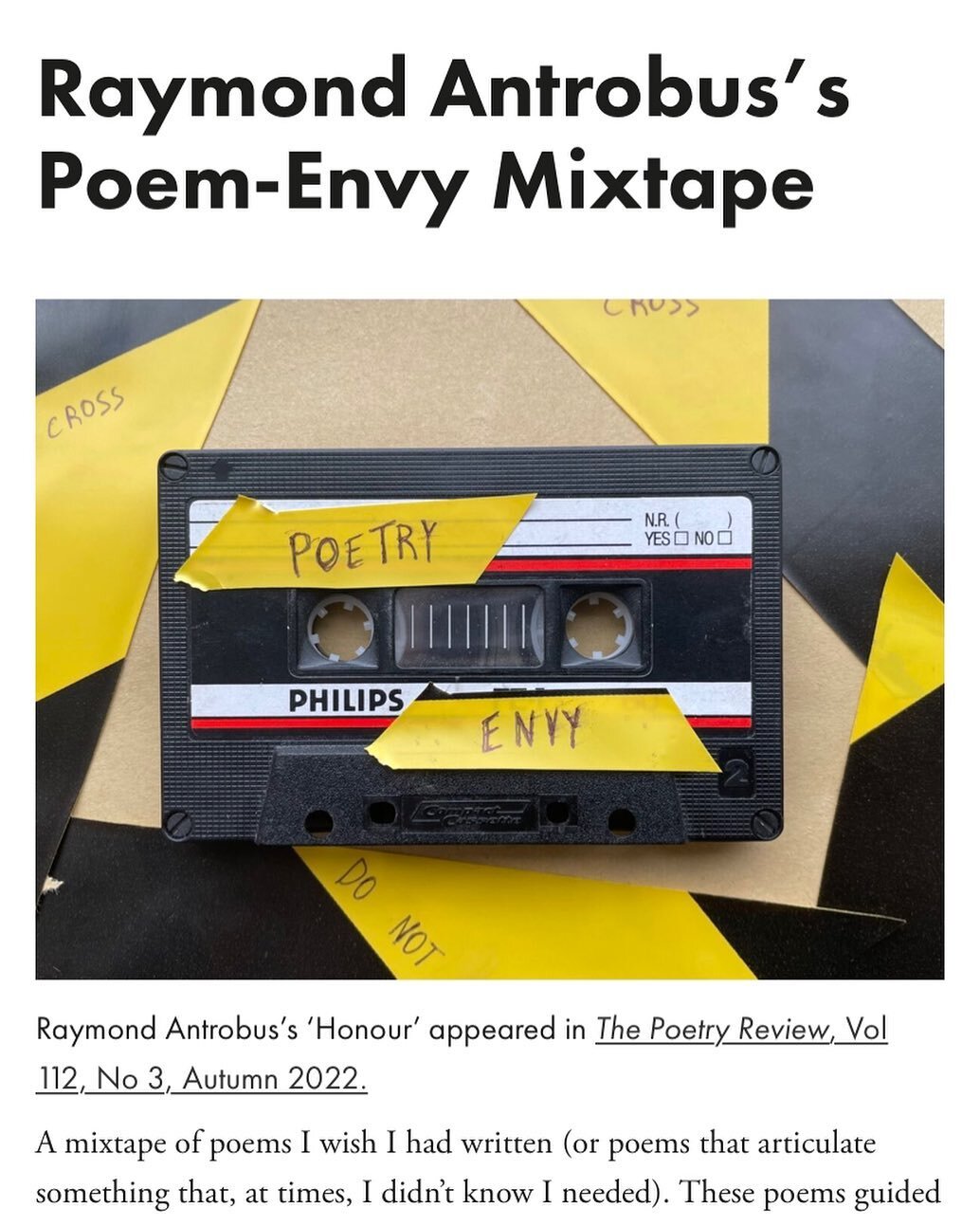 I have a new poem published this month in The Poetry Review, so the editors (@hannahlowepoet &amp; @kim_moore_poet) asked me to make a mixtape of other people&rsquo;s poems (OPP) that I&rsquo;ve read this year that gave me &ldquo;poem envy&rdquo;. Th