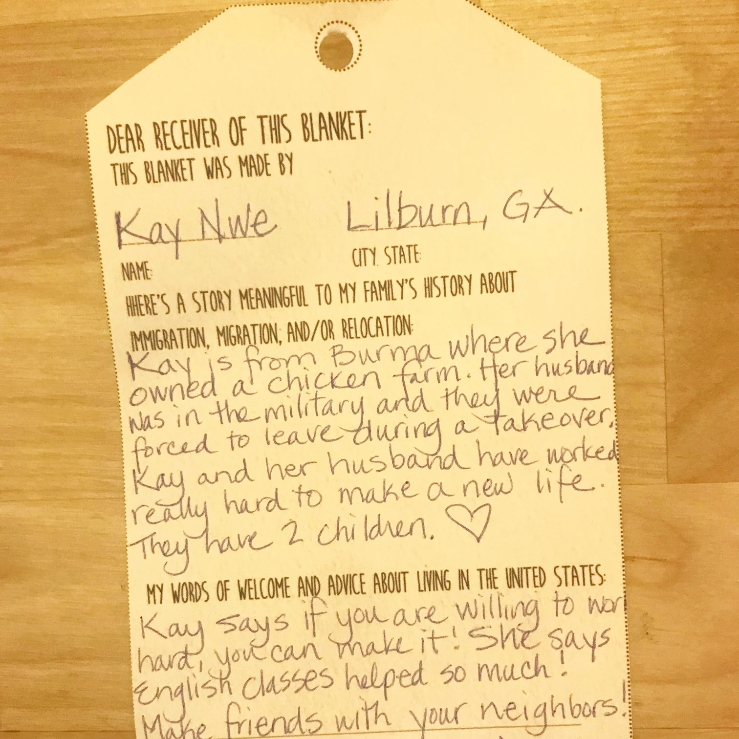 Kay's Note of Welcome for a Newly Arrived Immigrant