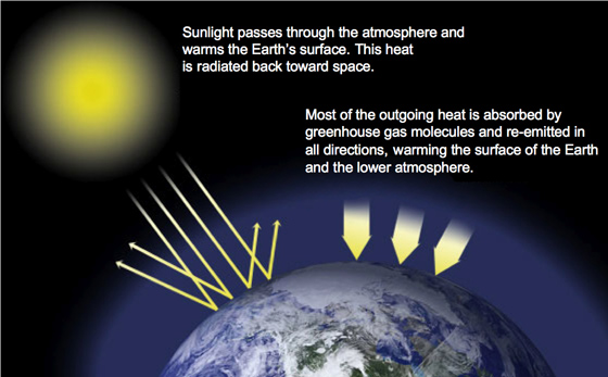 A layer of greenhouse gases – primarily water vapor, and including much smaller amounts of carbon dioxide, methane and nitrous oxide – acts as a thermal blanket for the Earth, absorbing heat and warming the surface to a life-supporting average of 59 degrees Fahrenheit (15 degrees Celsius). From NASA .