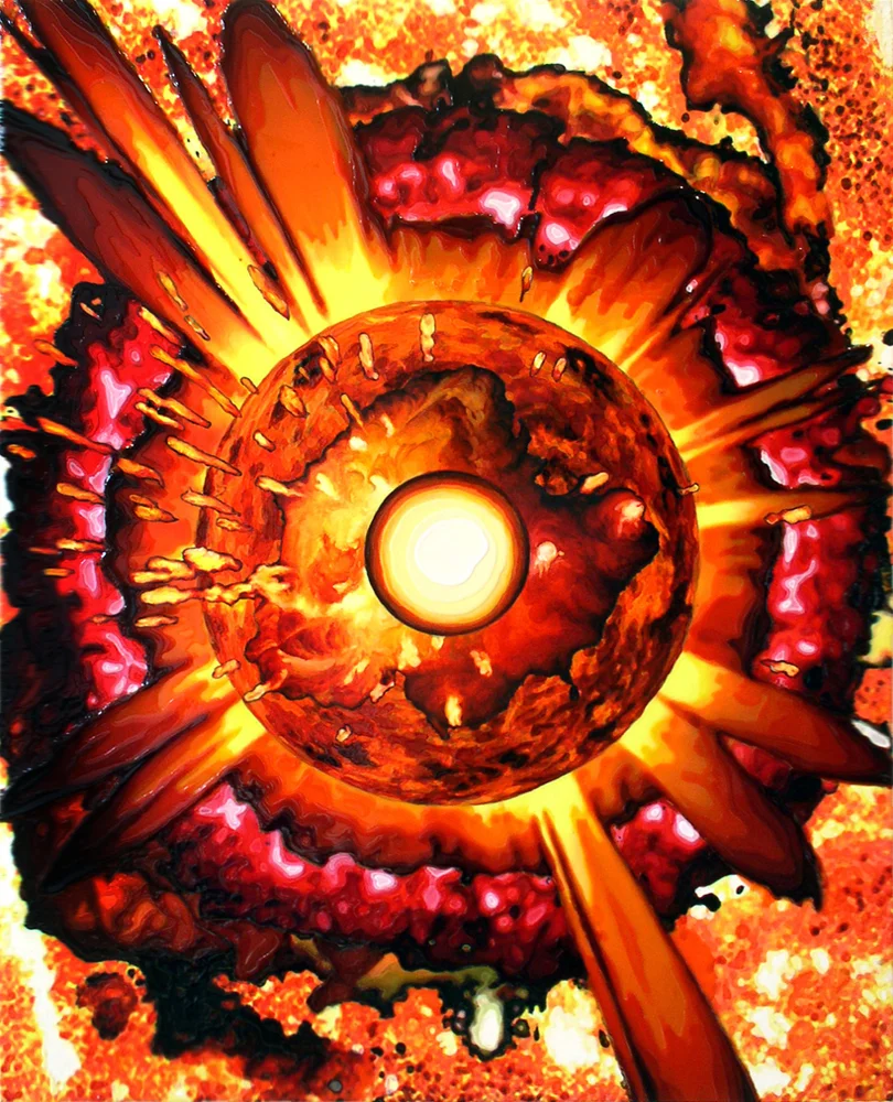 Detonation, 18x26”, Poured Oil on Digitally Printed Canvas, 2003