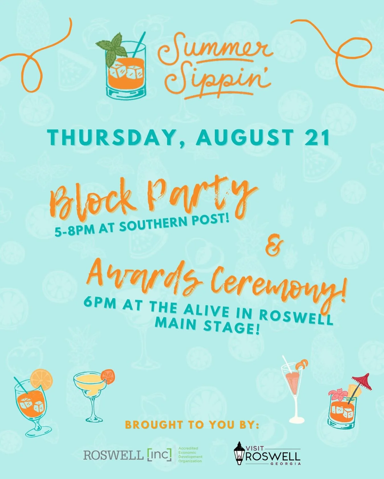 It all comes down to this! Join us for the Summer Sippin&rsquo; Block Party at @southernpostga from 5&ndash;8pm, and the Awards Ceremony at 6pm on the Alive in Roswell Main Stage as we crown Roswell&rsquo;s favorite sips of the season! 🍹🎉

We&rsquo