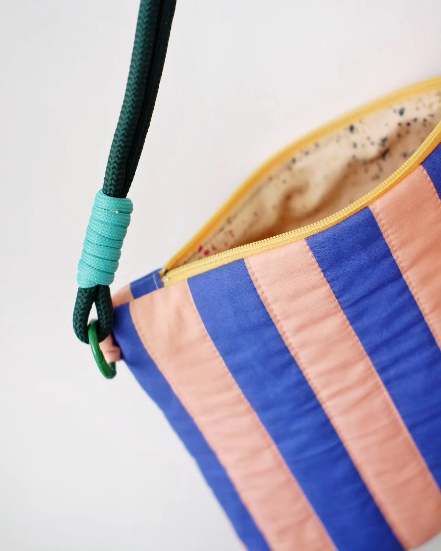 Little quilted zipper pouch turned into a bag! 
I made this pouch for a class sample (we make a zipper pouch as one of the first projects with beginner students) and then saw this strap I had bought some months ago. The two  matched pretty well so I 