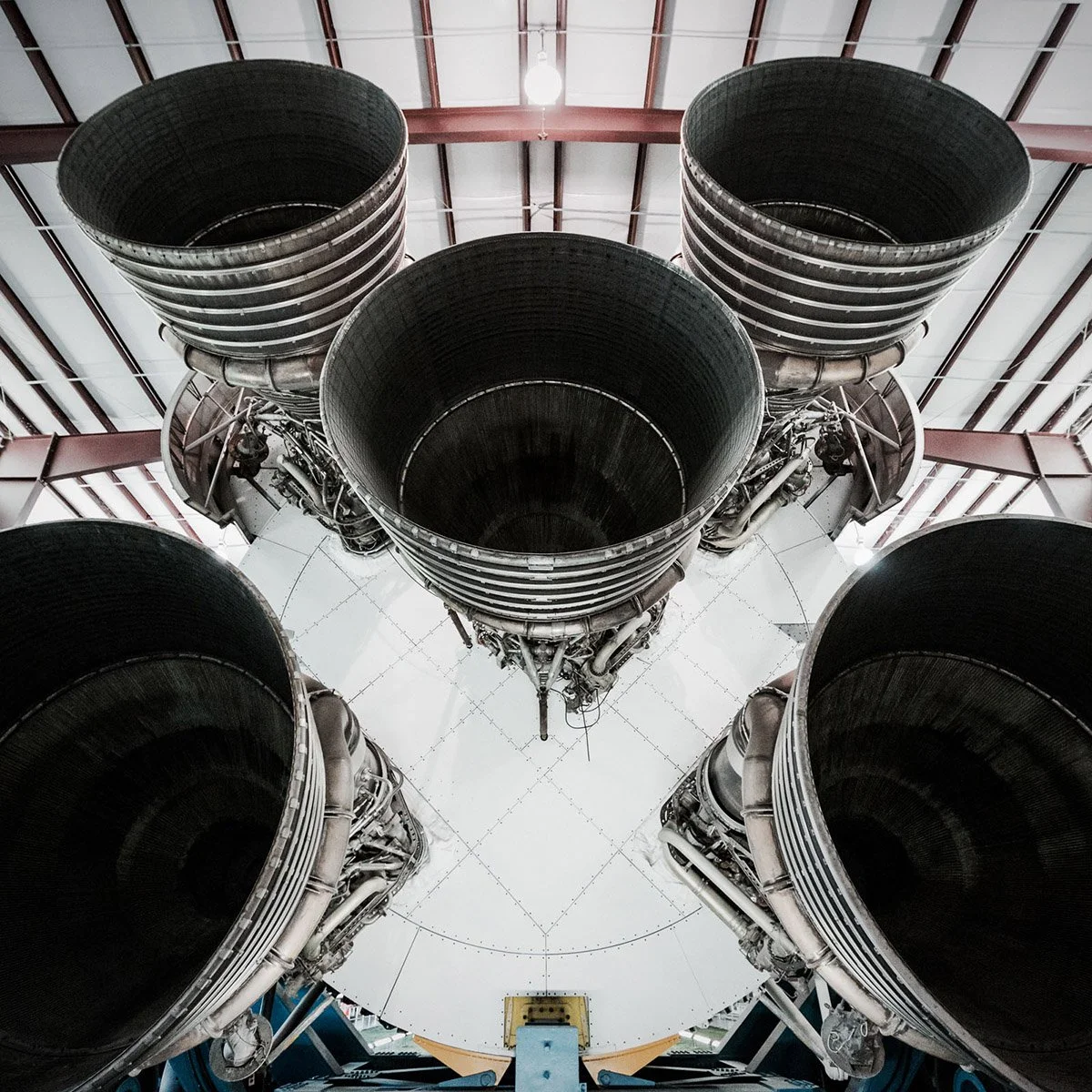 Close-up of the Saturn V rocket engines at Space Center Houston, showcasing intricate engineering and massive scale, photographed by Jordan Reeder.