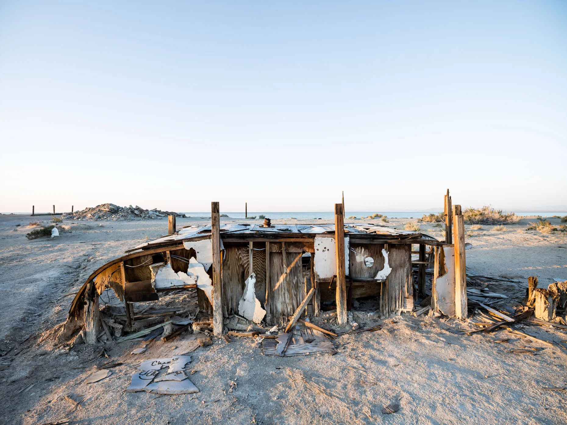 Salton Sea decaying remains of a boat on the shore