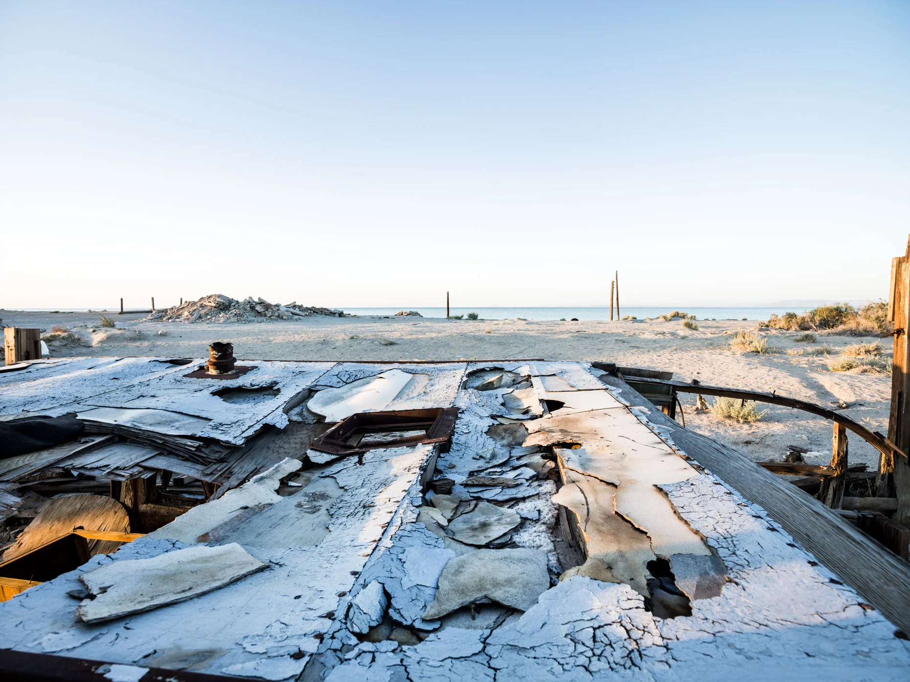 Salton Sea decaying hull of a ship on the shore