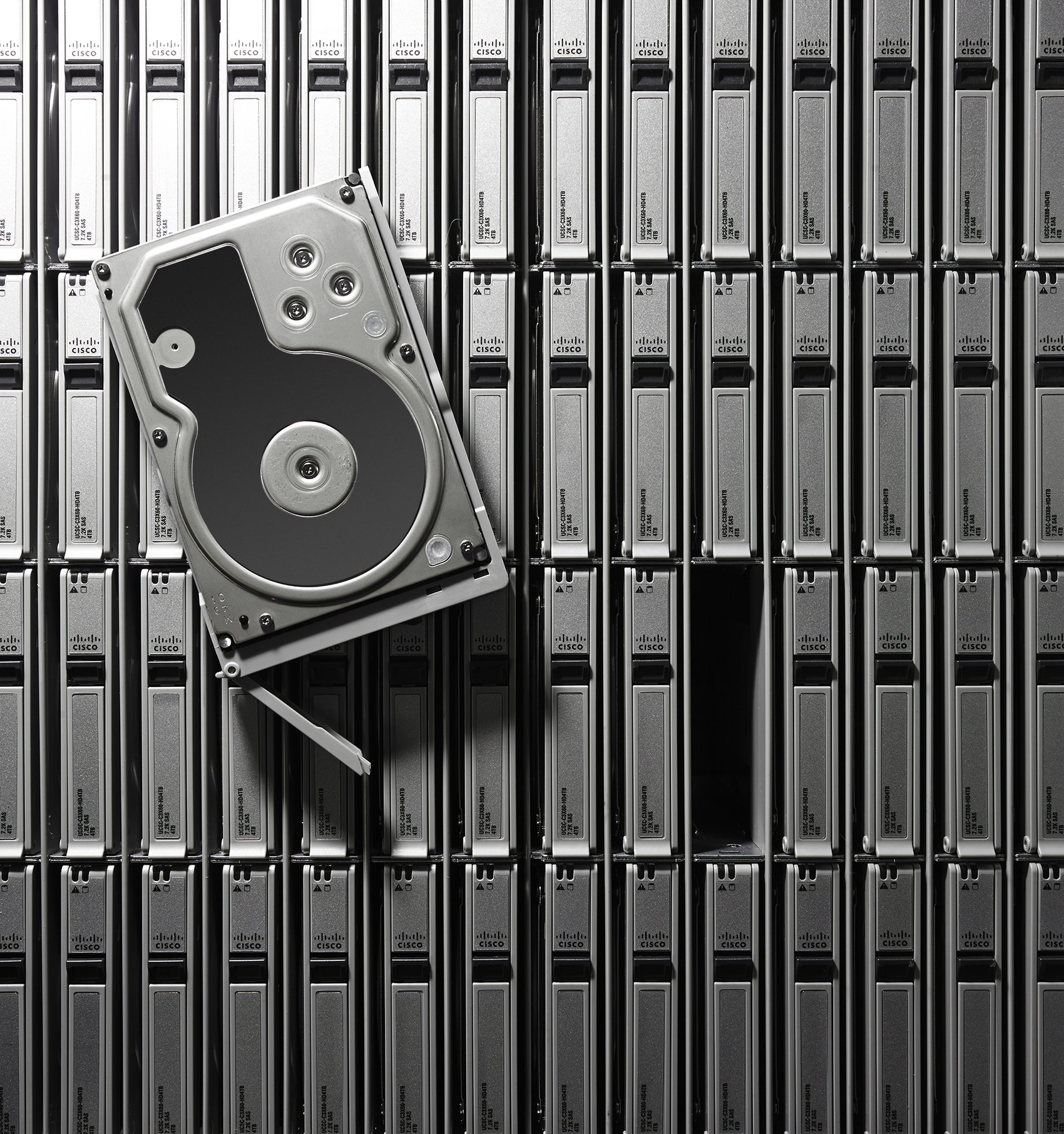 dynamic lighting of hard drive server array in silicon valley photo studio