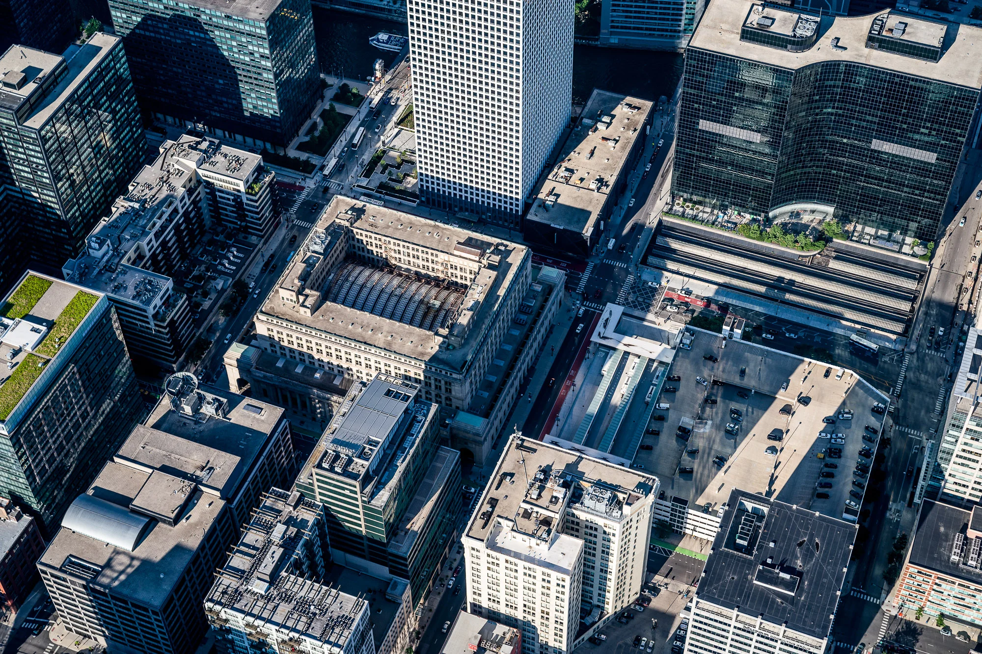 Aerial above Chicago rooftops