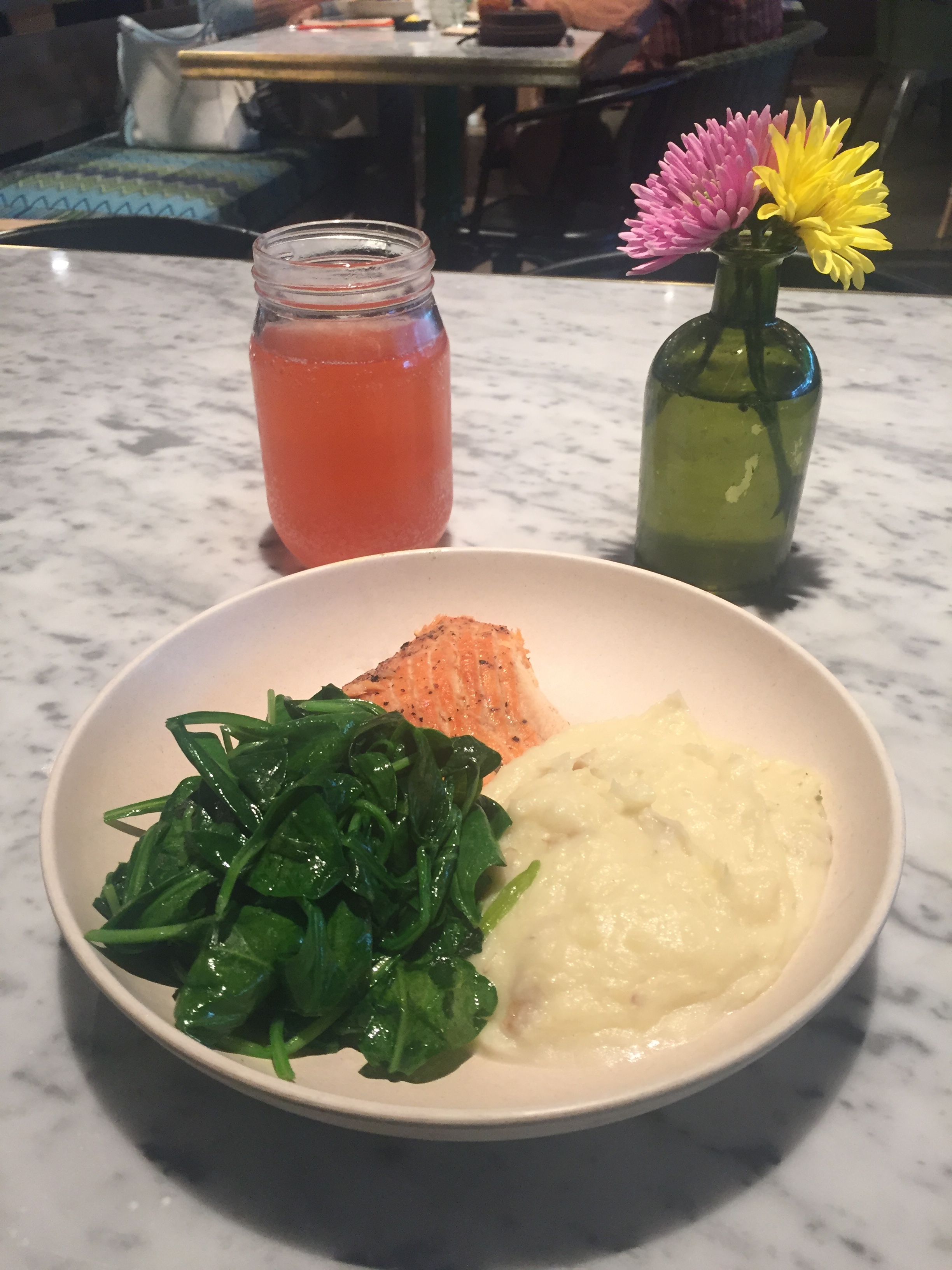 Salmon, Smashed Potatoes and Sauteed Spinach with Raspberry Rose Kombucha @FlowerChild