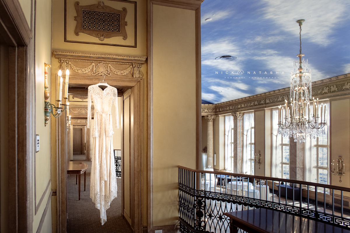 A beautiful Clair Pettibone Dress hangs in the Grand Ballroom at the Marriott Syracuse Downtown
