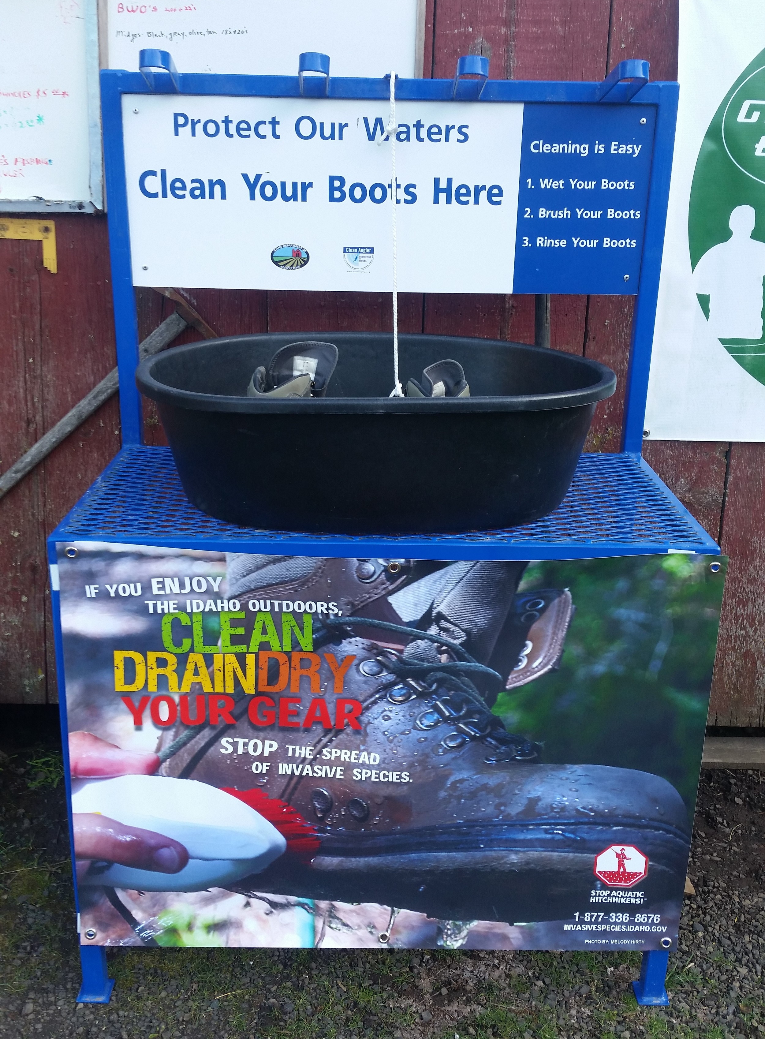 Boot wash stations are showing up at various business locations throughout Idaho and NW Region to assist in the cleaning of wading gear.