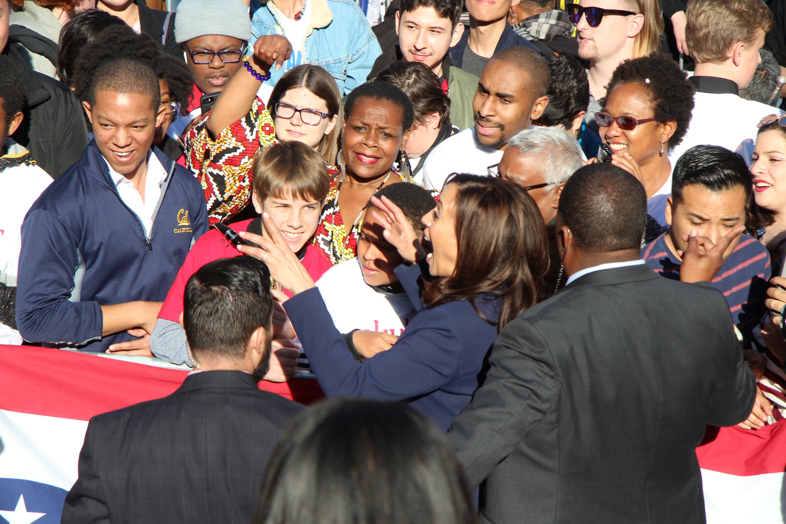 U.S. Senator Kamala Harris greets rally goers at her presidental campaign launch rally in Frank Ogawa Plaza, Oakland CA, U.S., January 27, 2019. photo by Kathryn E. Styer/KGPC NEWS