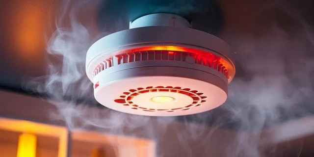Homeowner testing a smoke detector on the ceiling for safety