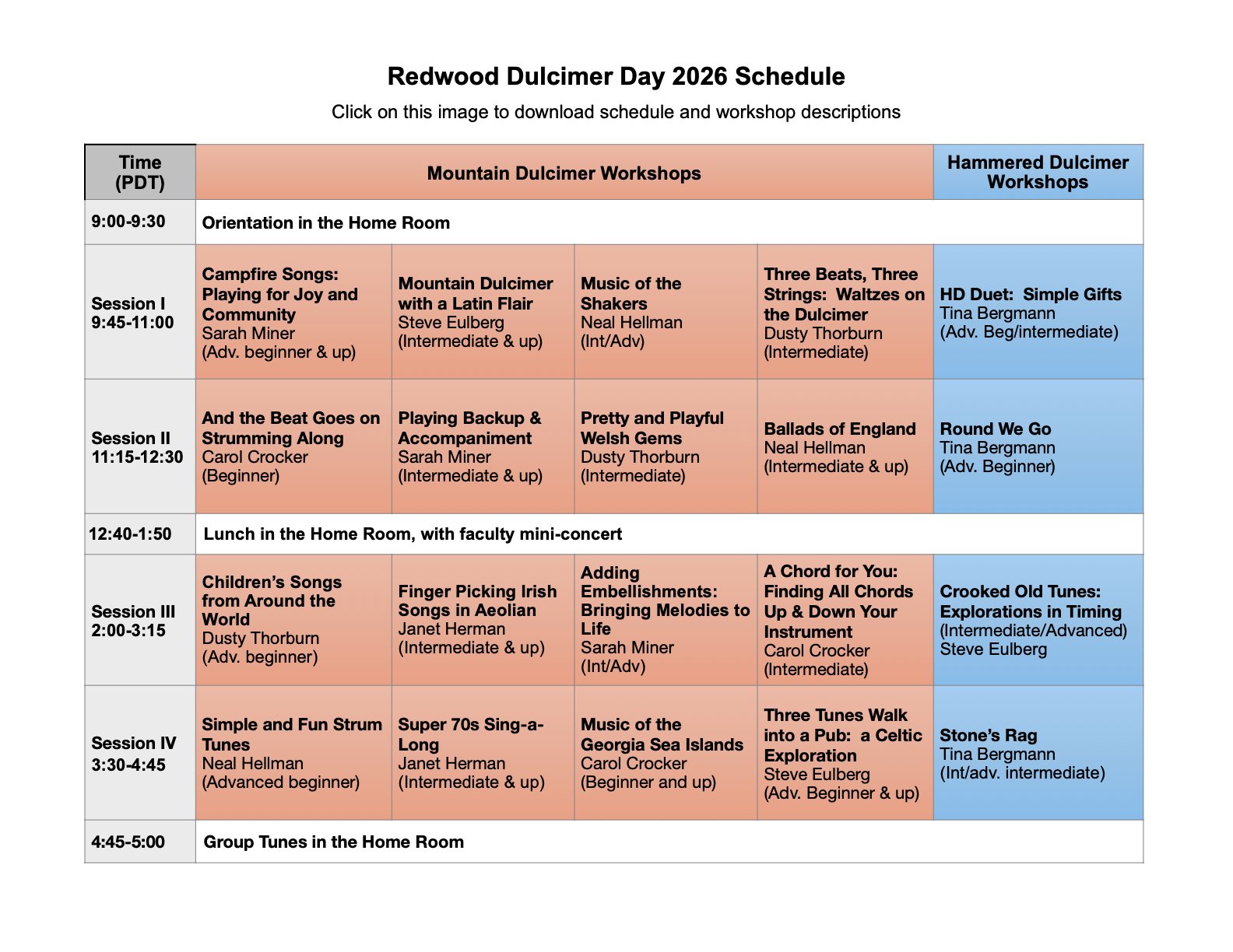 Schedule of workshops