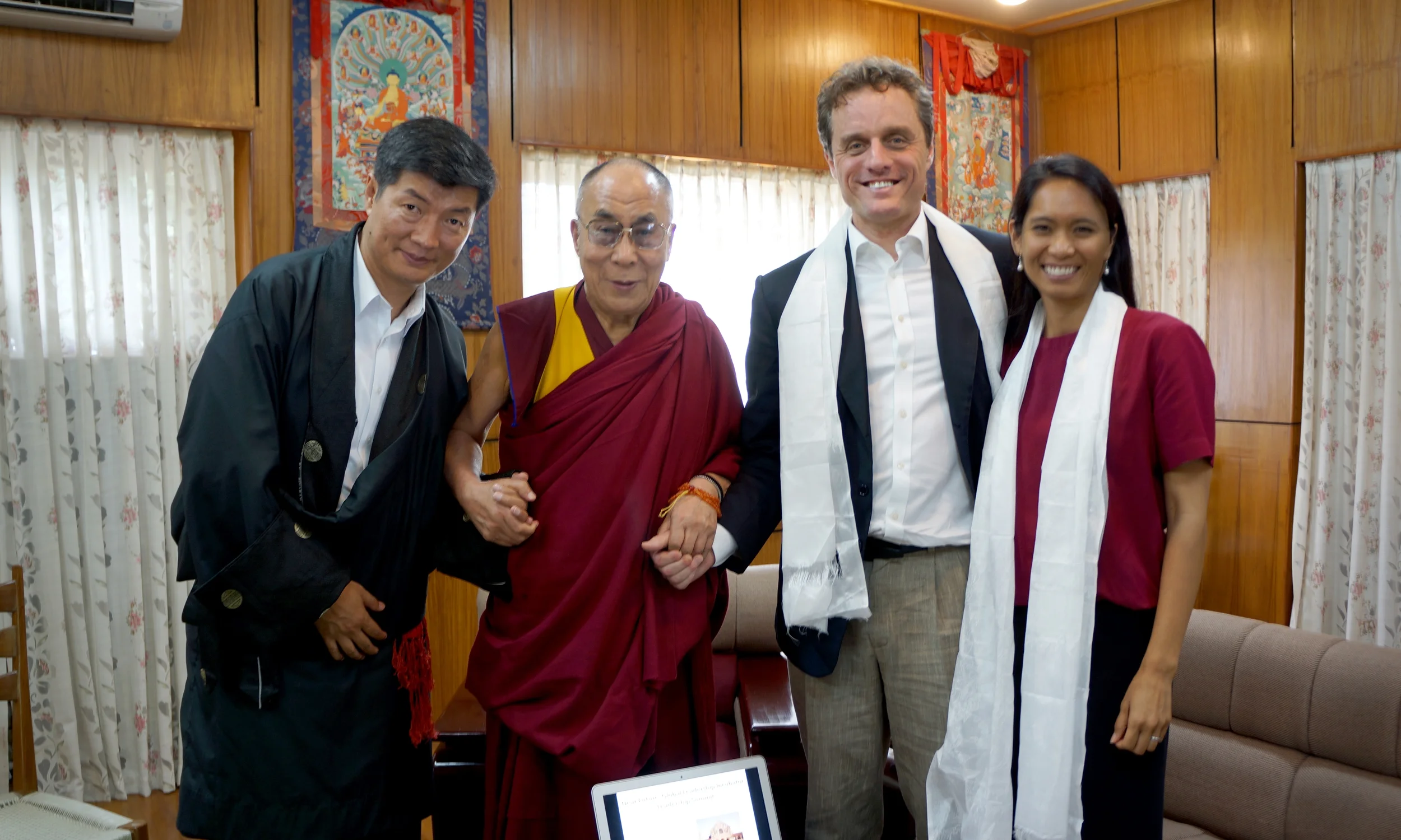 Picture of Sikyong (Prime Minister of Tibet) Lobsang Sangay and the Dalai Lama with Michael and Ana McCullough