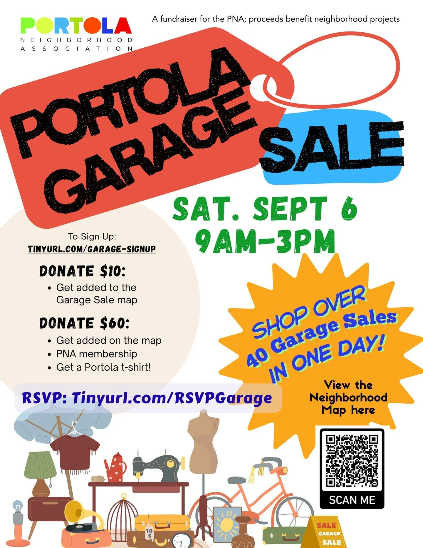 It&rsquo;s that time of the year again, and we&rsquo;re having our 5th annual Portola garage sale! 

Love a bargain? You can hit up multiple garage sales in one go-- maybe you'll find your long lost treasure in a Portola garage! 🛍️🏆👗💎📿📺🔨🧰🎷🪑