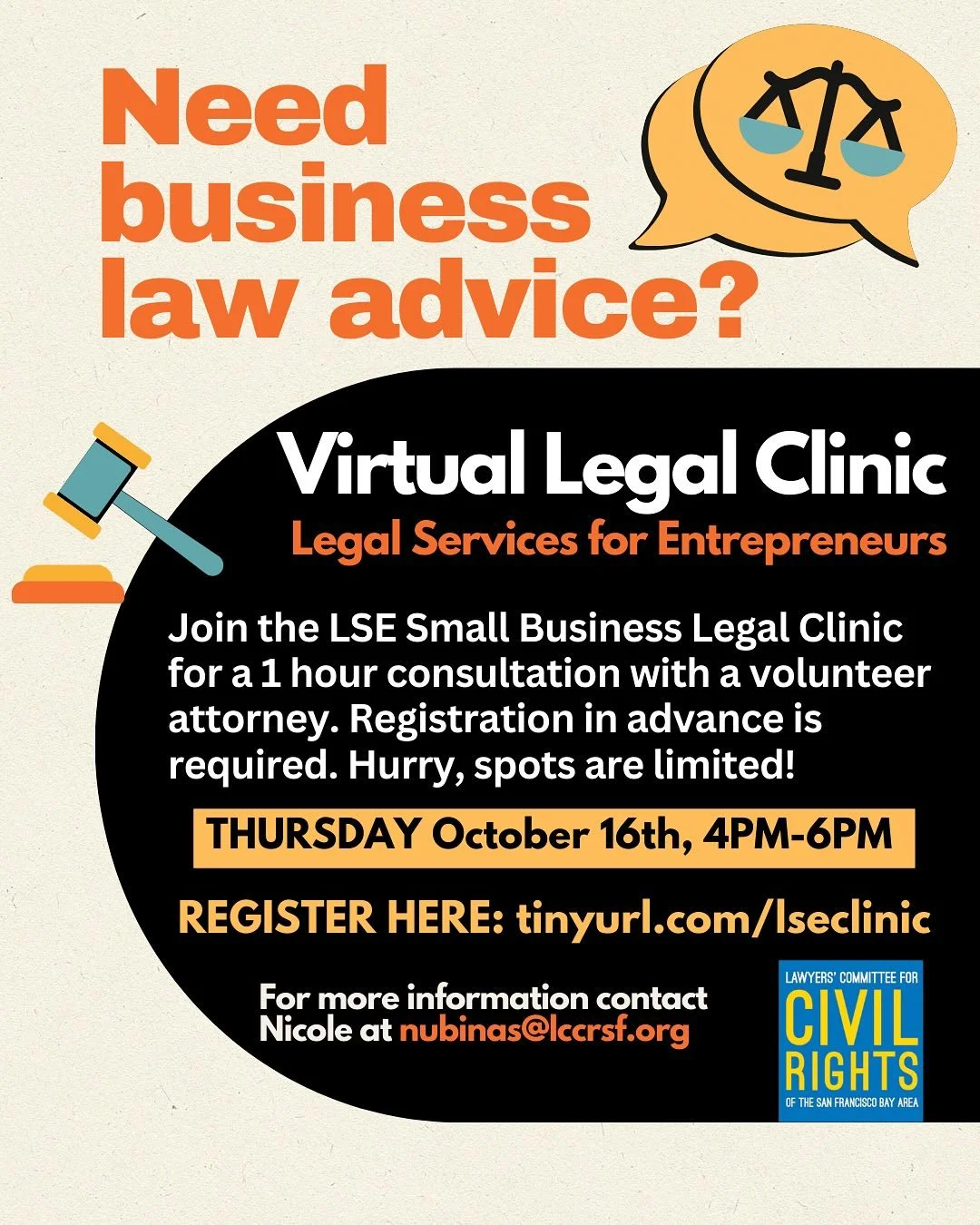 Sign up for @lccrsf FREE Small Business Legal Clinic! 

&iquest;Necesita asesoramiento legal para peque&ntilde;as empresas? Cl&iacute;nica Legal Virtual

憩与一位律帅谈谈你的商业事务吗？小商业法律咨询