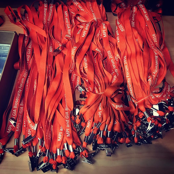 Conference name badges and lanyards.