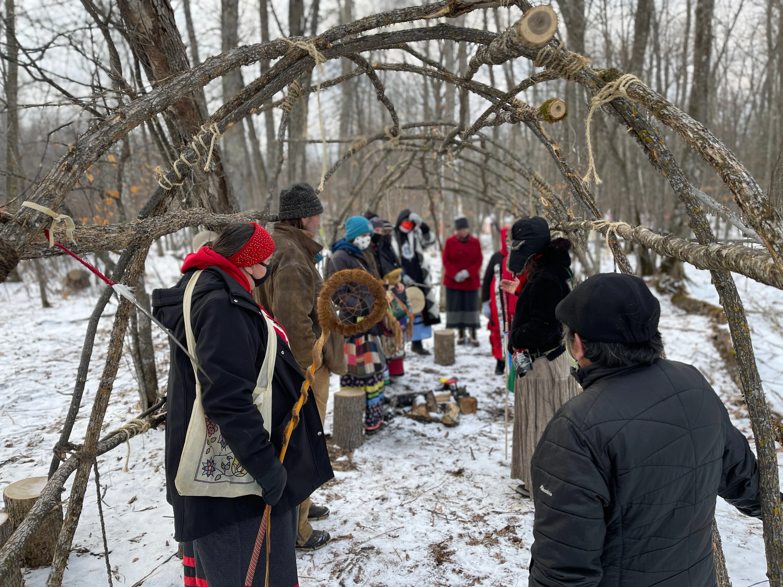 Photo by Sarah LittleRedfeather - “On the bank of the Mississippi in the pathway of the pipeline, there is a prayer lodge, a waaginoogan, a ceremonial teaching lodge, and we have been praying there. We’ve built lodges like this on the shores of the river for generations. We built the lodge before Enbridge.”