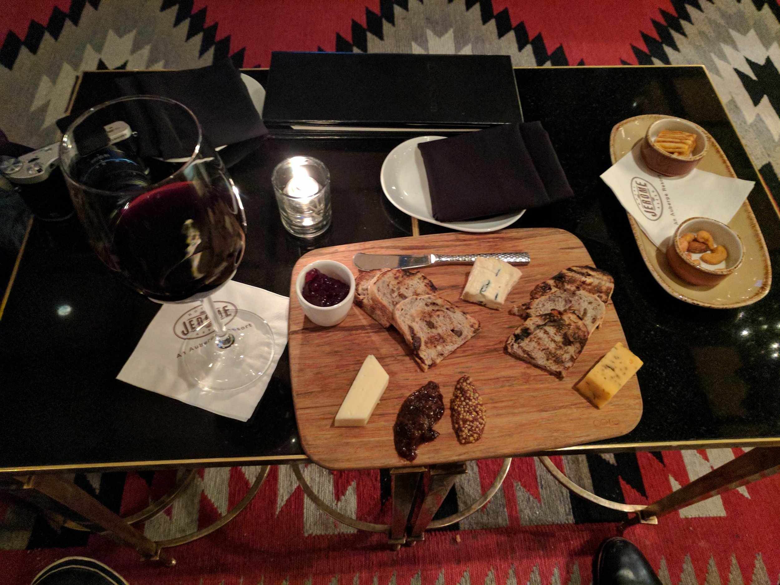 Hotel Jerome cheeseboard action with some sips of Napa cab
