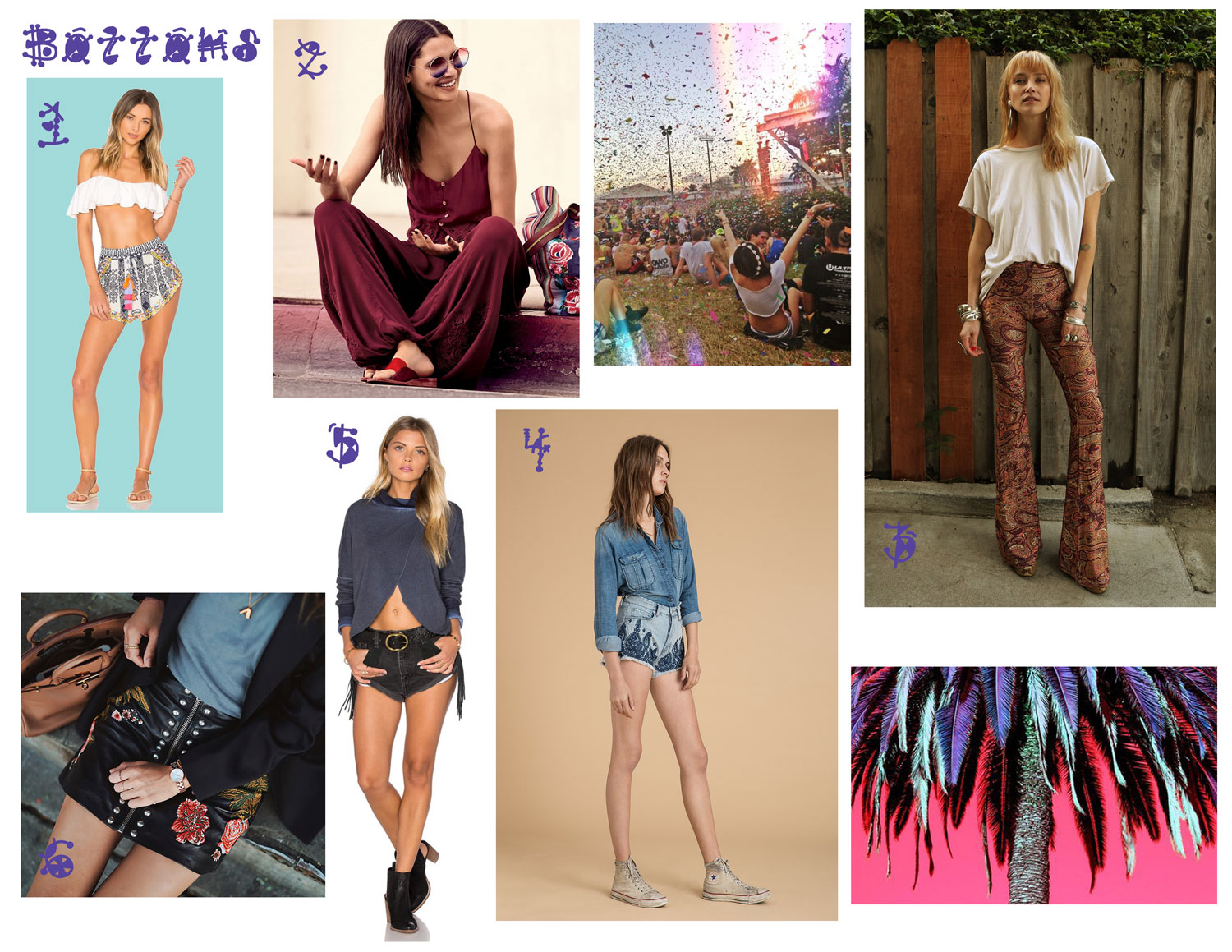 1. Calypso Short - Rococo and Sand, 2. Dreamin Of This Set - Free People, 3. Janis Bells - Novella Royale, 4. Embroidered Short- Blank, 5. Western Bandits -One teaspoon, 6. Skirt 59 -LPA, 