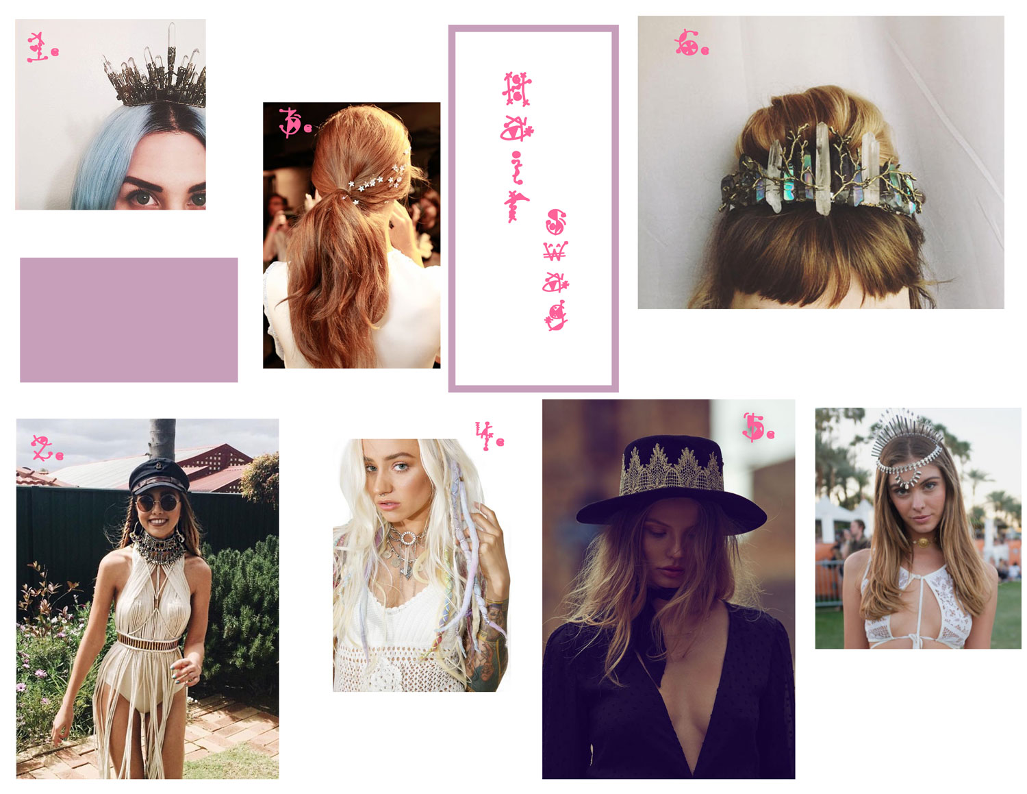 1. Queen Of Swords Crown - Elemental Child, 2. Baker Boy Hat - Brixton, 3. Flower Bobby Pin Set - Lauren Conrad, 4. Ethereal Clip In Dreadlocks - Dolls Kill, 5. Aurora Borealis Crystal Crown - WolfNWhiskey, 6. La Noche Hat- For Love And Lemons
